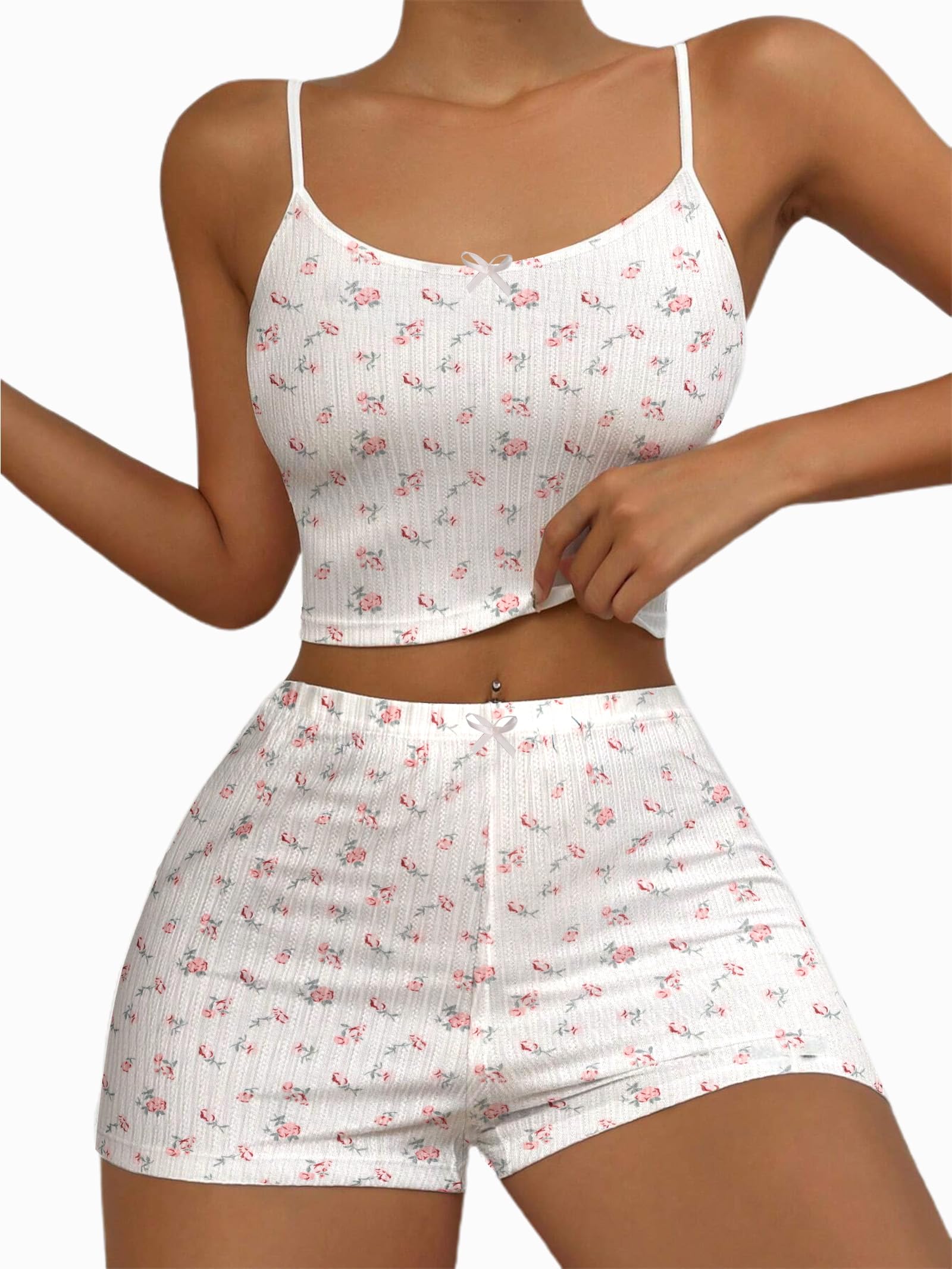 Hilinker Women's Graphic 2-Piece Pajama Set - Summer Cute Crop Cami & Shorts Ribbed Lounge Outfit for Sleepwear, Loungewear & Vacation