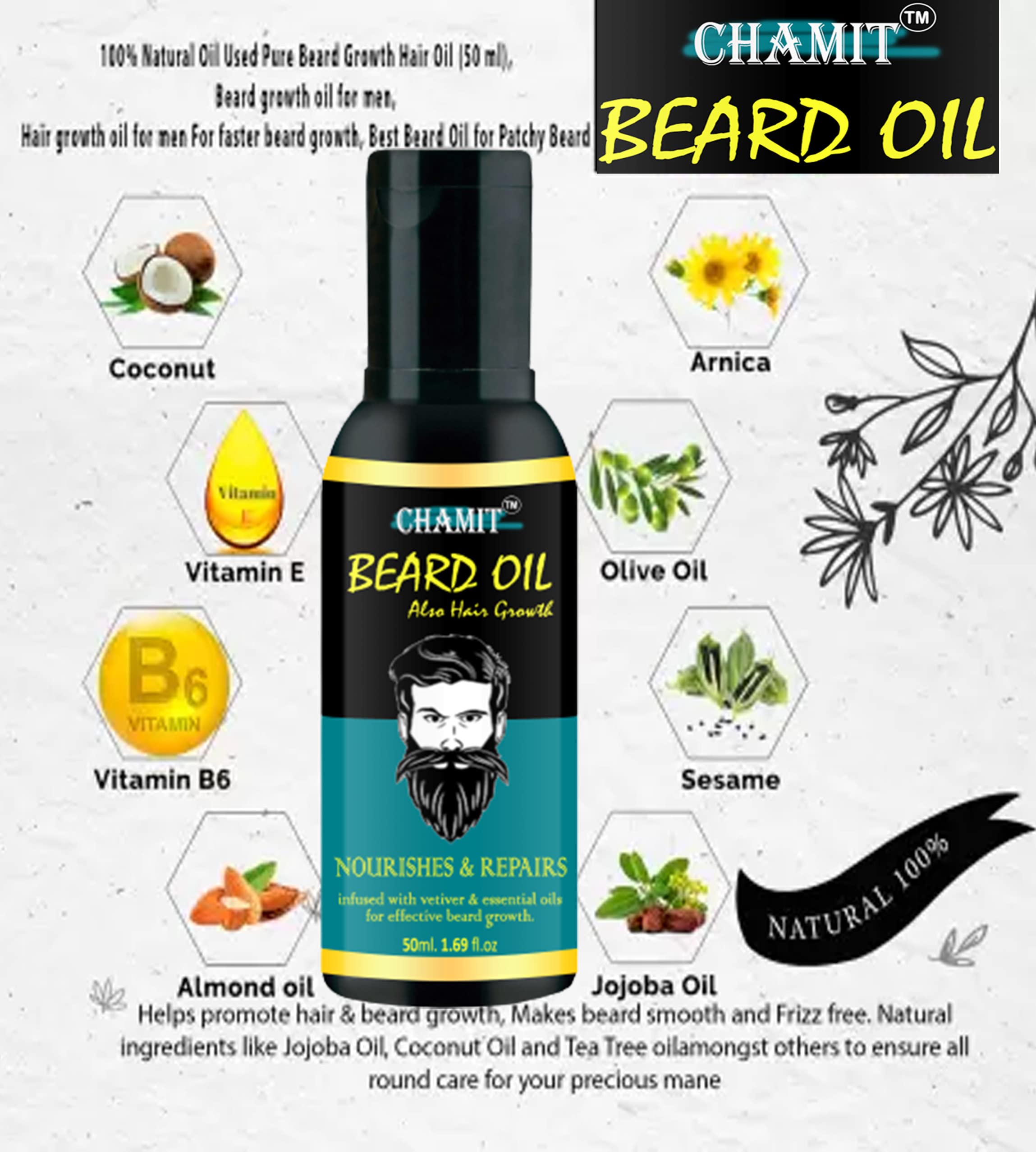 CHAMIT Advanced Beard Growth Oil for Men - Paraben-Free Formula for Healthy & Strong Facial Hair | Promotes Thicker, Fuller Beards | Ideal for Daily Grooming & Styling