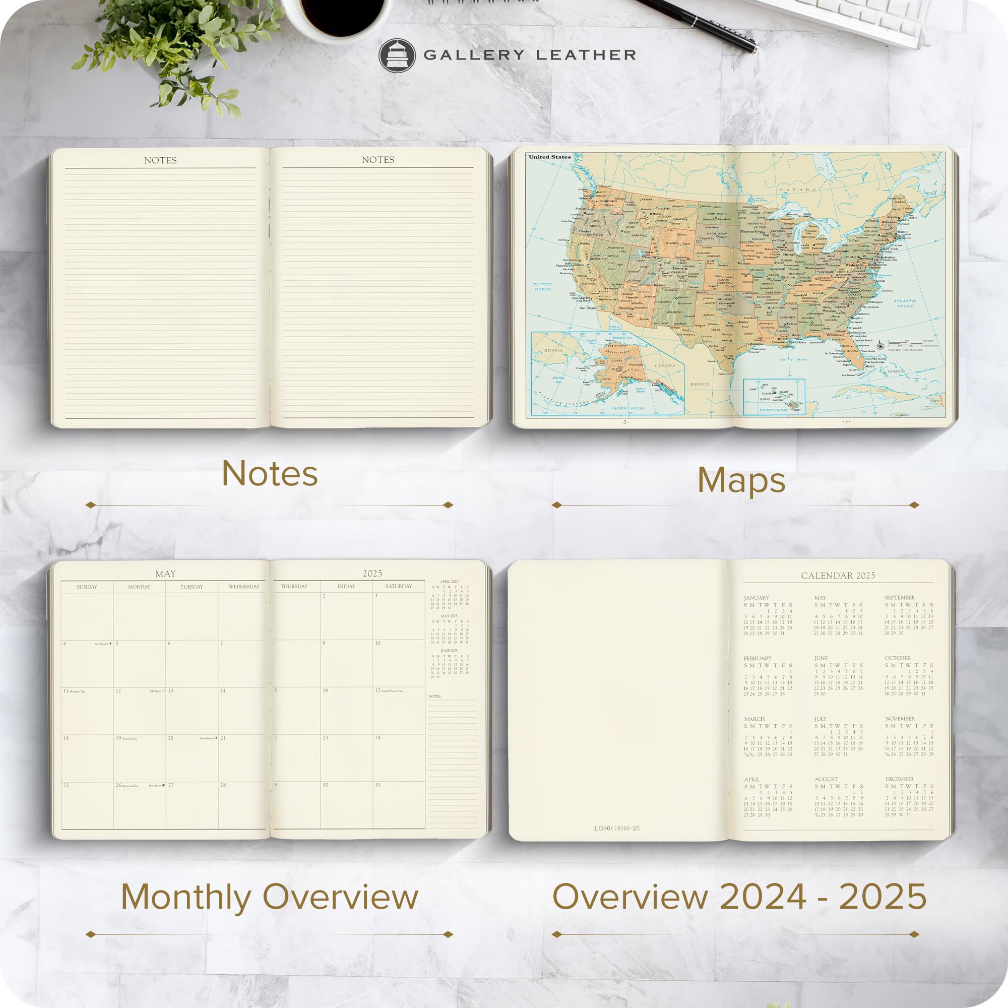 2025 Gallery Leather Large Monthly Planner - Elegant Bound Calendar & Notebook with Gold-Gilded Edges, 18 Months (Acadia Malibu, 9.75 x 7.5