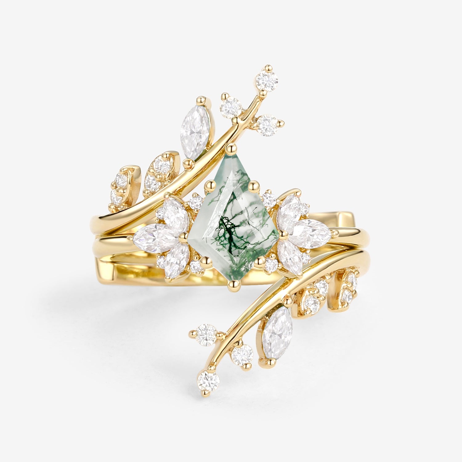 Nature Inspired Kite Cut Moss Agate Cage Leafy Ring Set of 2 - Perfect for Boho Jewelry Lovers & Nature-Themed Weddings