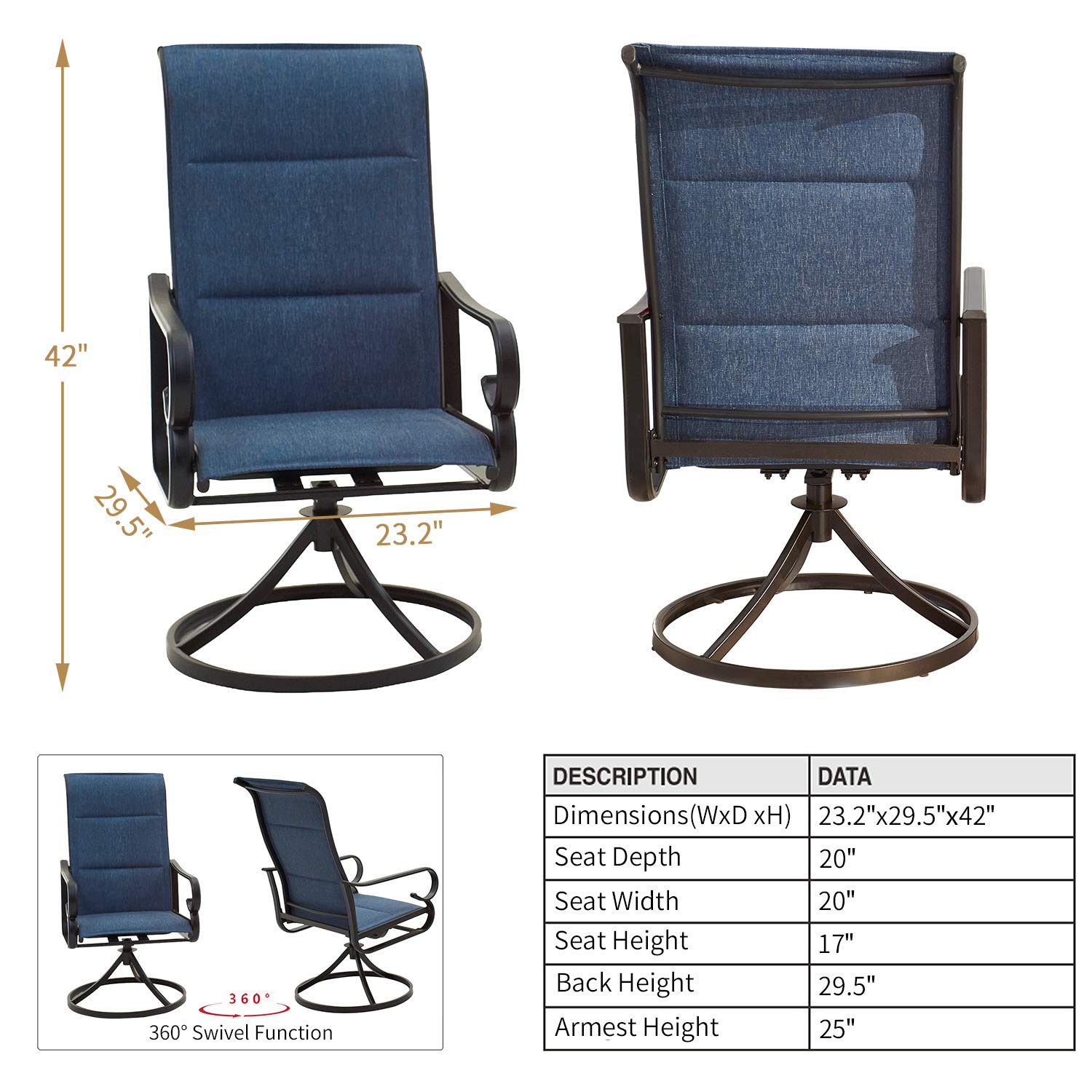 Premium High Back Patio Dining Chairs - All Weather Outdoor Swivel Rocker Set (Blue, 2-Piece) - Perfect for Backyard, Deck, Poolside & Garden Relaxation