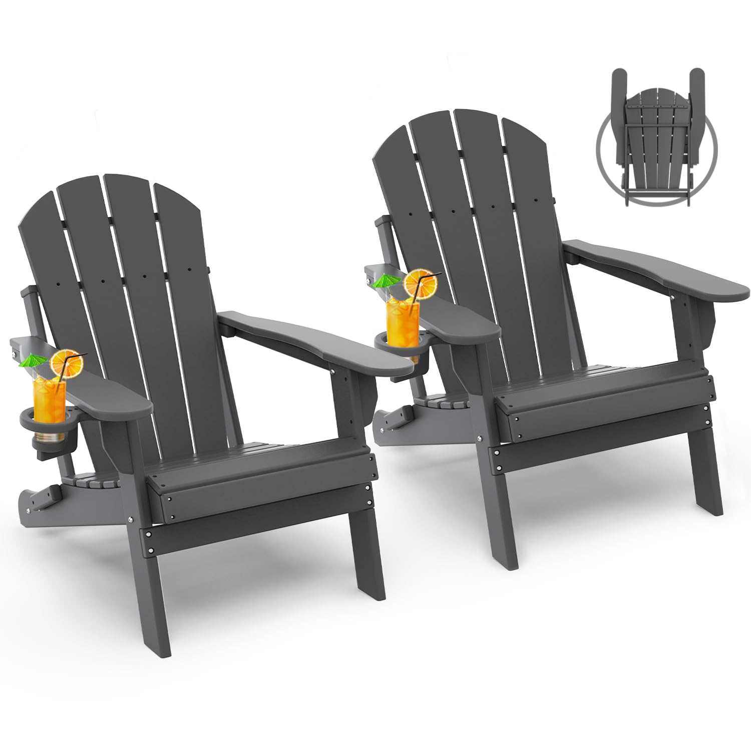 2-Pack Folding Adirondack Chairs with Cup Holders | Durable HDPE Plastic All-Weather Outdoor Furniture | Perfect for Backyard, Patio, Deck & Garden Relaxation by Fire Pit (Grey)