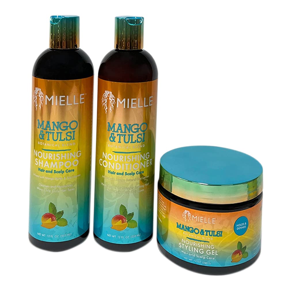 Mielle Mango & Tulsi Hair Care Bundle - Nourishing Shampoo, Conditioner & Styling Gel with Mango Butter & Tulsi Leaves - 3 Piece Set for Dry, Damaged Hair - Perfect for Daily Hydration & Frizz Control