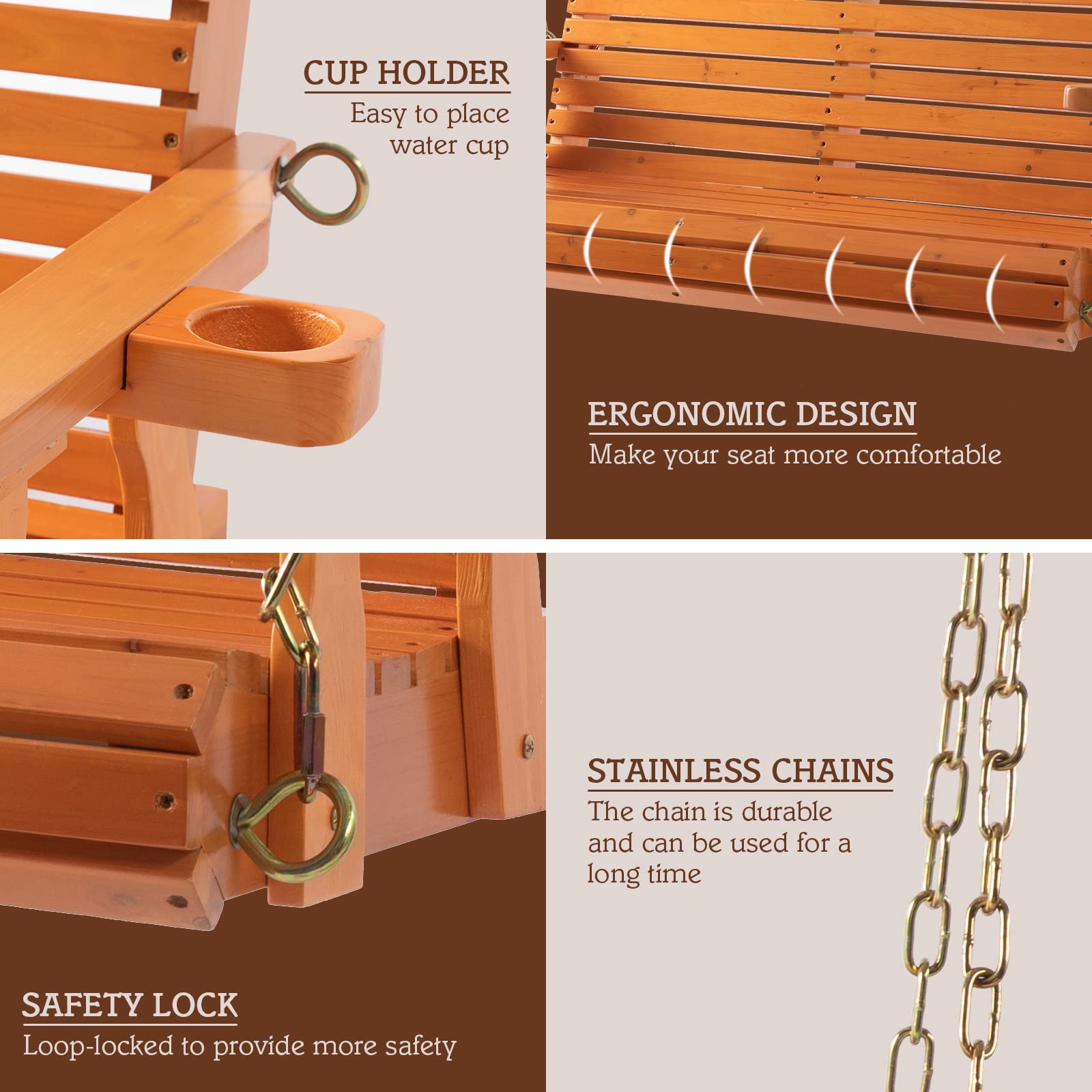 Outdoor Wooden Porch Swing with Chains - 2 Seater Hanging Bench Chair for Garden, Patio, Courtyard | Weather-Resistant Natural Finish | Perfect for Relaxing, Reading & Backyard Lounging