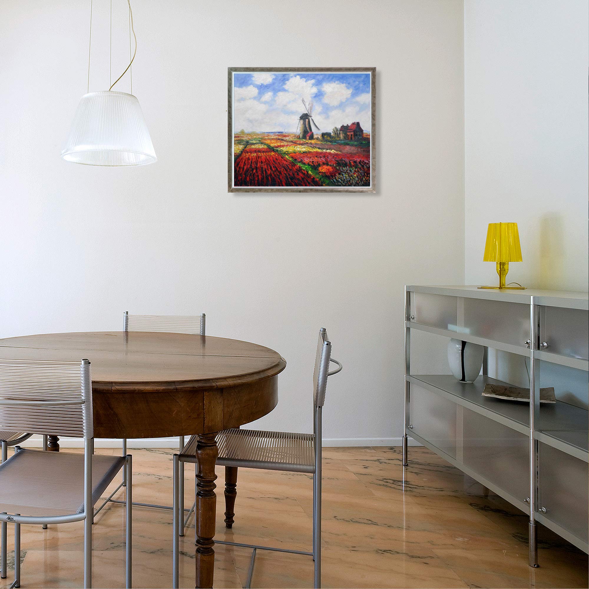 La Pastiche Hand-Painted Tulip Field with Rijnsburg Windmill Oil Painting Reproduction - 20x24 Inch Framed Wall Art, Champagne Silhouette - Perfect for Living Room, Bedroom & Office Decor