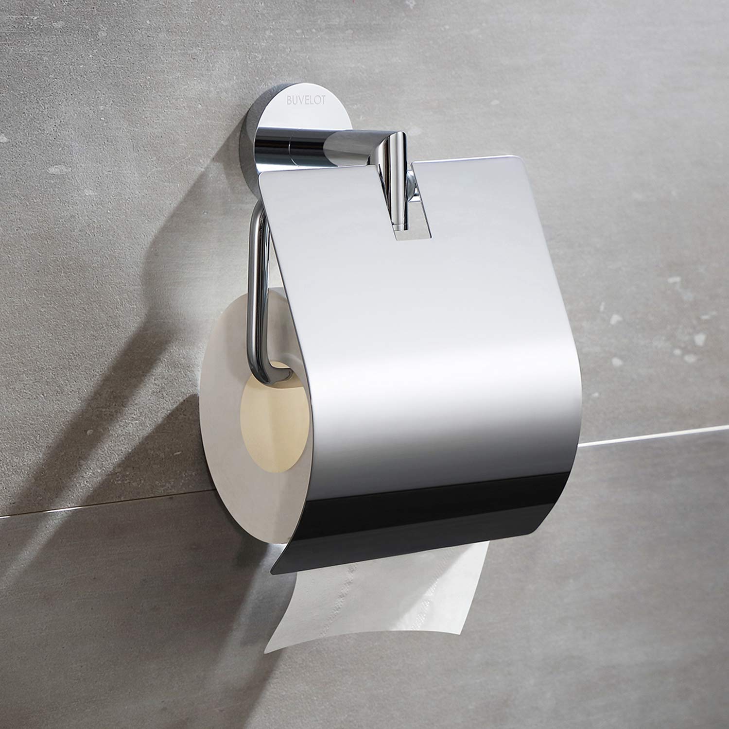 Modern Toilet Paper Holder with Cover - Wall Mounted Bathroom Tissue Roll Holder in Chrome & Brass Finishes (Leo Series 077040-CR) - Perfect for Contemporary Home & Luxury Hotel Bathrooms
