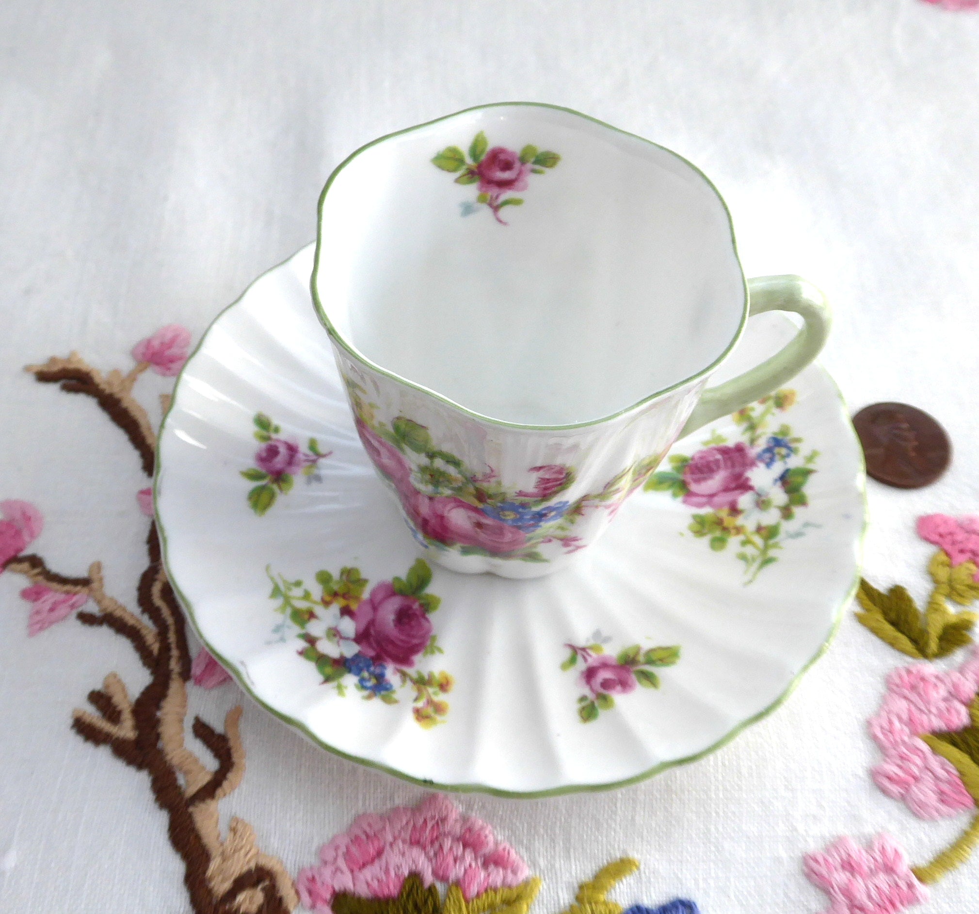 Elegant Shelley Tall Demitasse Cup and Saucer Set with Ludlow Floral Bouquet Design - Perfect for Afternoon Tea, Bridal Showers & Vintage Collections