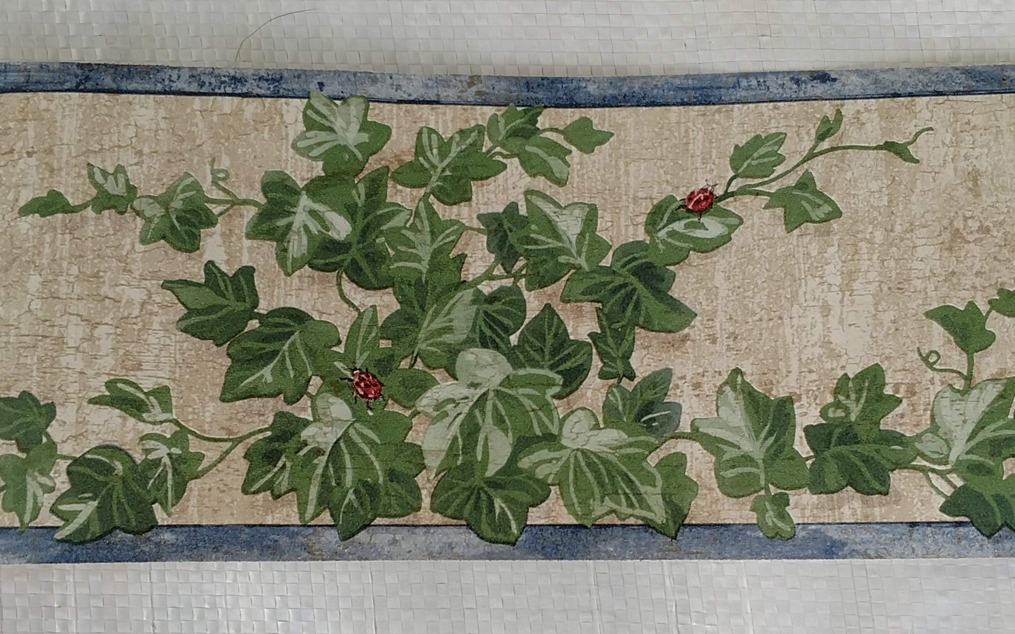 Country Vines Lady Bugs Ivy Kitchen Wallpaper Border - Blue Floral Peel and Stick Wallpaper for Farmhouse Decor, Easy to Install Removable Wallpaper for Kitchen, Bathroom, Nursery, and Home Office