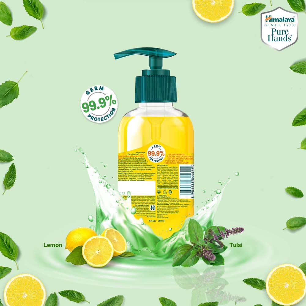 Himalaya Pure Hands Deep Cleansing Tulsi & Lemon Hand Wash Pump 250ml - Refreshing Antibacterial Soap for Kitchen, Bathroom & Office Use