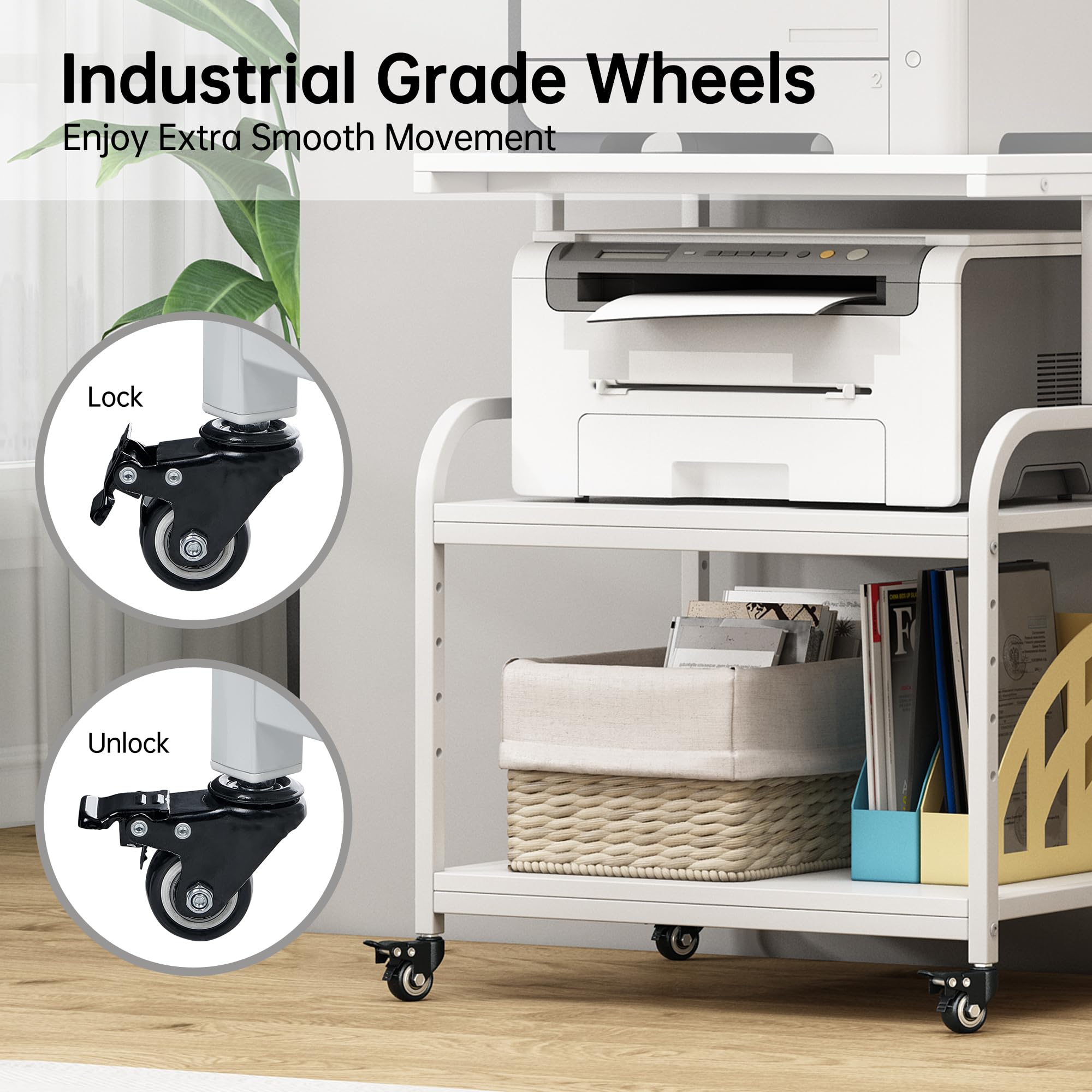 White Printer Stand 23.6x18.9x30 Inches - Adjustable 3-Tier Rolling Cart with Wheels for Home Office Storage | Heavy Duty Printer Table for HP, Epson, Canon Printers | Perfect for Small Spaces & Workspace Organization