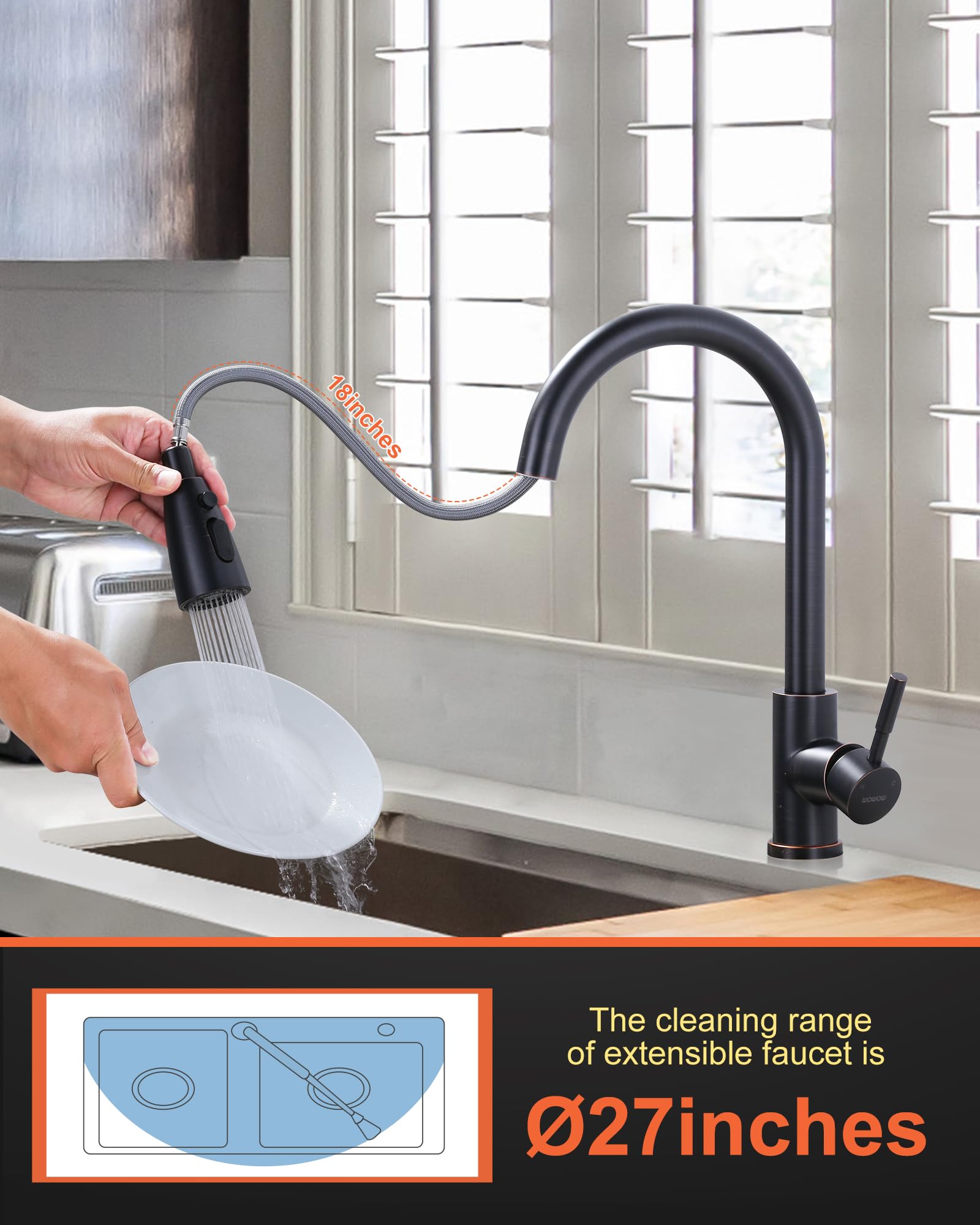 WOWOW Oil Rubbed Bronze High Arc Pull Down Kitchen Faucet with Sprayer - Stainless Steel Sink Faucet for Modern Kitchens | Perfect for Washing Dishes, Filling Pots & Cleaning Vegetables