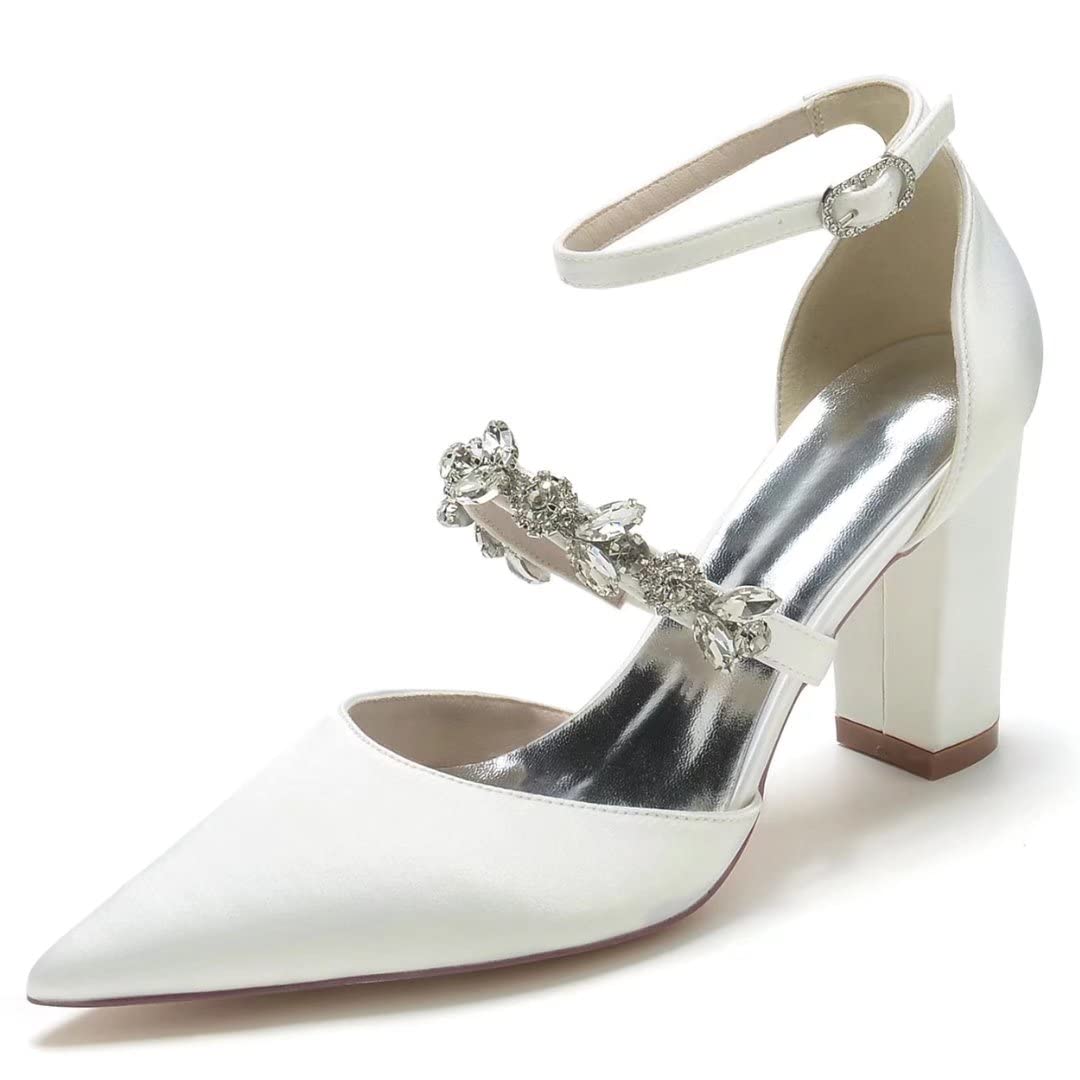 Elegant Satin Rhinestone Block Heel Wedding Shoes - Pointed Toe Bride Pumps for Prom, Evening Party & Special Occasions | Perfect for Bridal Showers, Receptions and Formal Events