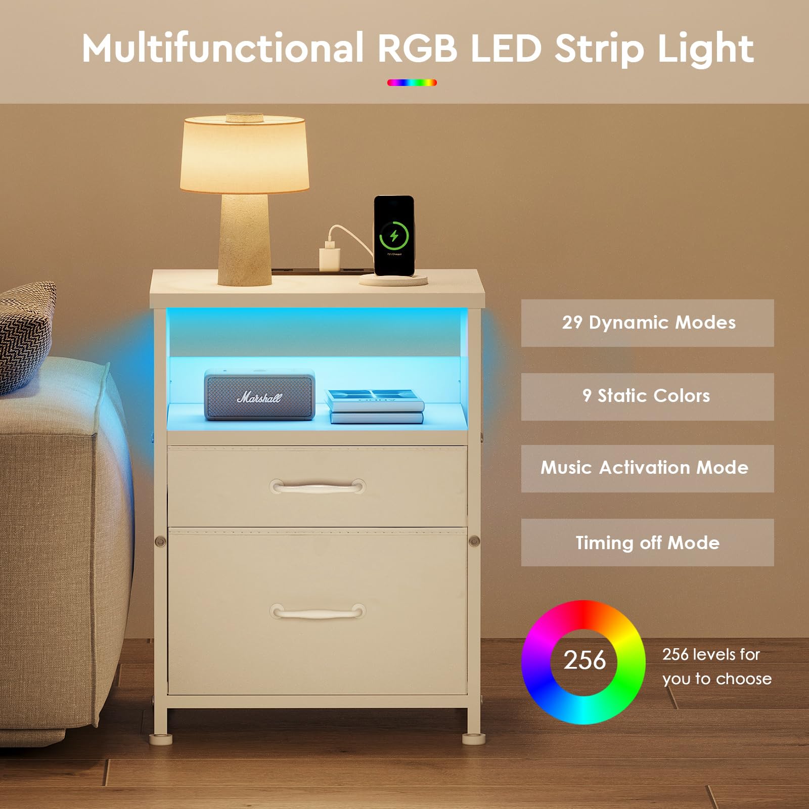 White Nightstand with Charging Station & LED Lights - 2 Fabric Drawers Bedside Table with Open Shelf, Outlets & USB Ports - Modern End Table for Bedroom, Living Room, Office - Perfect for Phone Charging, Reading & Storage