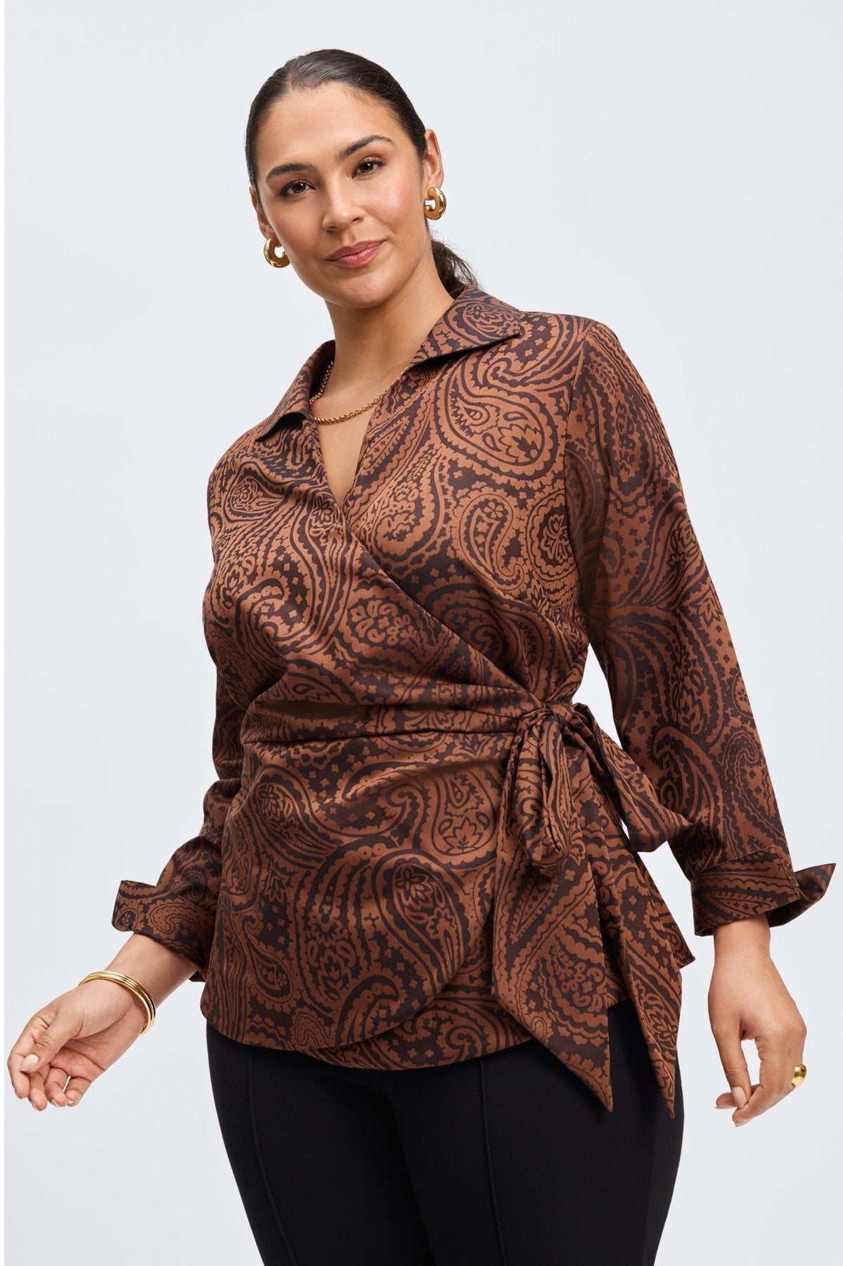 Salina Plus Paisley Jacquard Long Sleeve Shirt for Women - Stylish Floral Print Blouse for Office, Party & Casual Wear