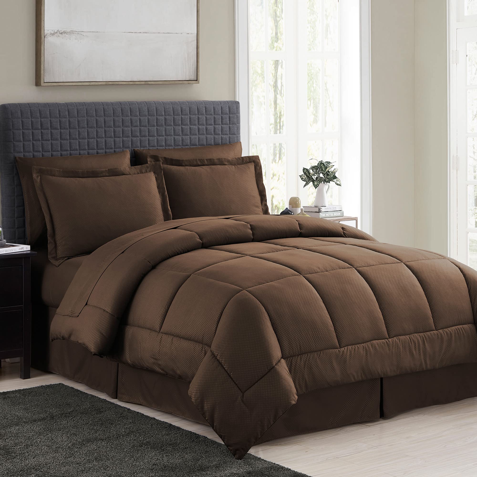 8-Piece Queen Comforter Set - Bed in a Bag with Bed Skirt, Fitted Sheet, Flat Sheet, 2 Pillowcases & 2 Shams - Checkered Chocolate Pattern - Perfect for Master Bedroom, Guest Room & Dorm Decor