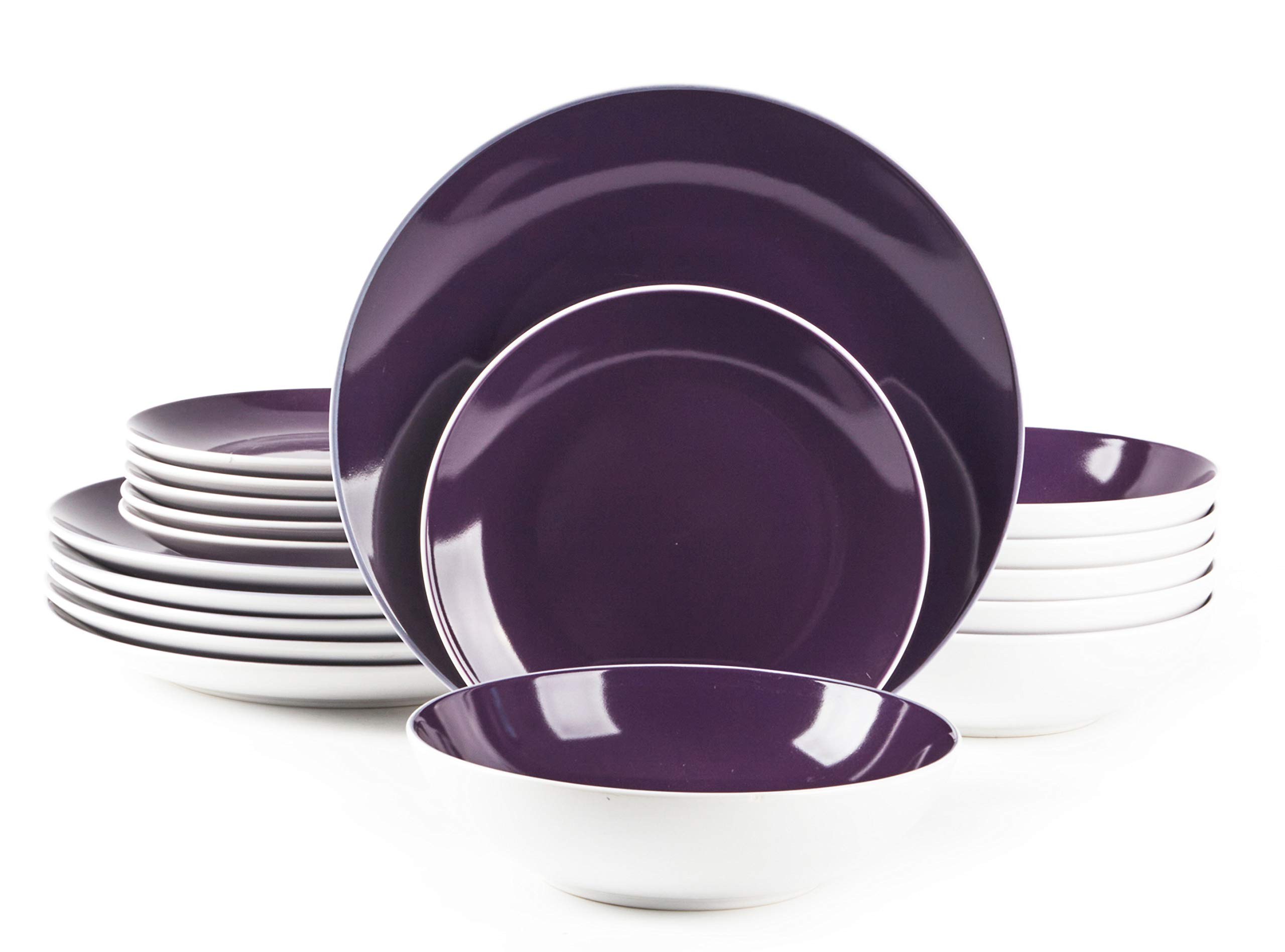 18-Piece Stoneware Coupe Dinnerware Set - White Exterior & Violet Interior - Elegant Tableware for Everyday Dining, Dinner Parties & Special Occasions