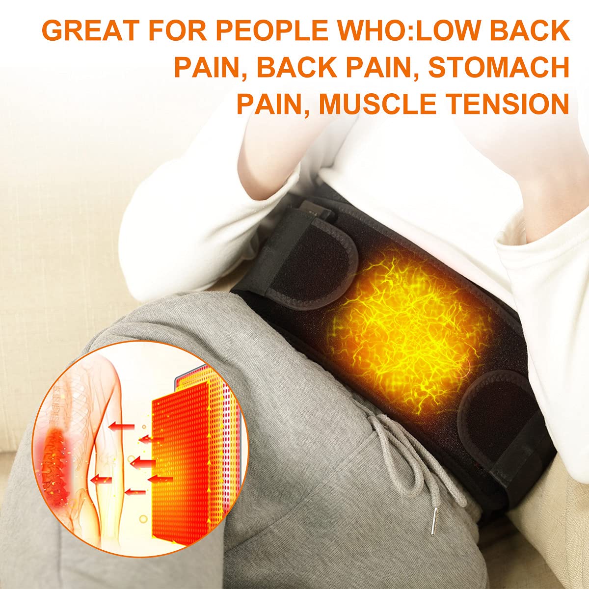 Wireless Heating Pad for Back Pain Relief - 7.4V 4400mAh Rechargeable Battery with 3 Heat Levels & 3 Vibration Modes - Heated Back Brace for Lumbar, Abdomen, Stomach & Waist Cramps - Perfect for Home, Office & Travel Use
