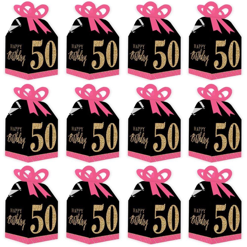 Chic 50th Birthday Gift Boxes - Pink, Black & Gold - Set of 12 for Party Favors