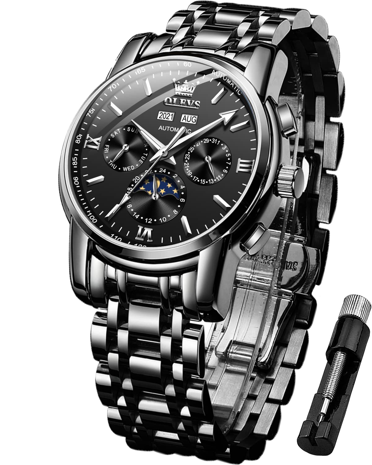 OLEVS Men's Automatic Skeleton Tourbillon Mechanical Watch - Self Winding Luxury Dress Wristwatch with Moon Phase, Day Date, Waterproof & Luminous - Perfect for Business, Formal Events & Gift Giving
