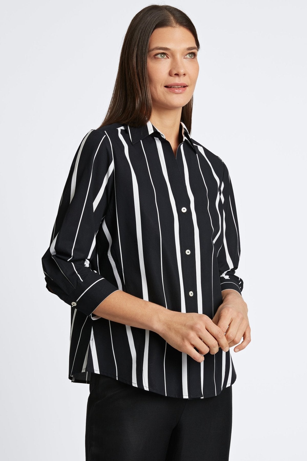 Paityn Black & White Striped 3/4 Sleeve Blouse - Stylish Casual Top for Women, Perfect for Office Wear & Weekend Outings