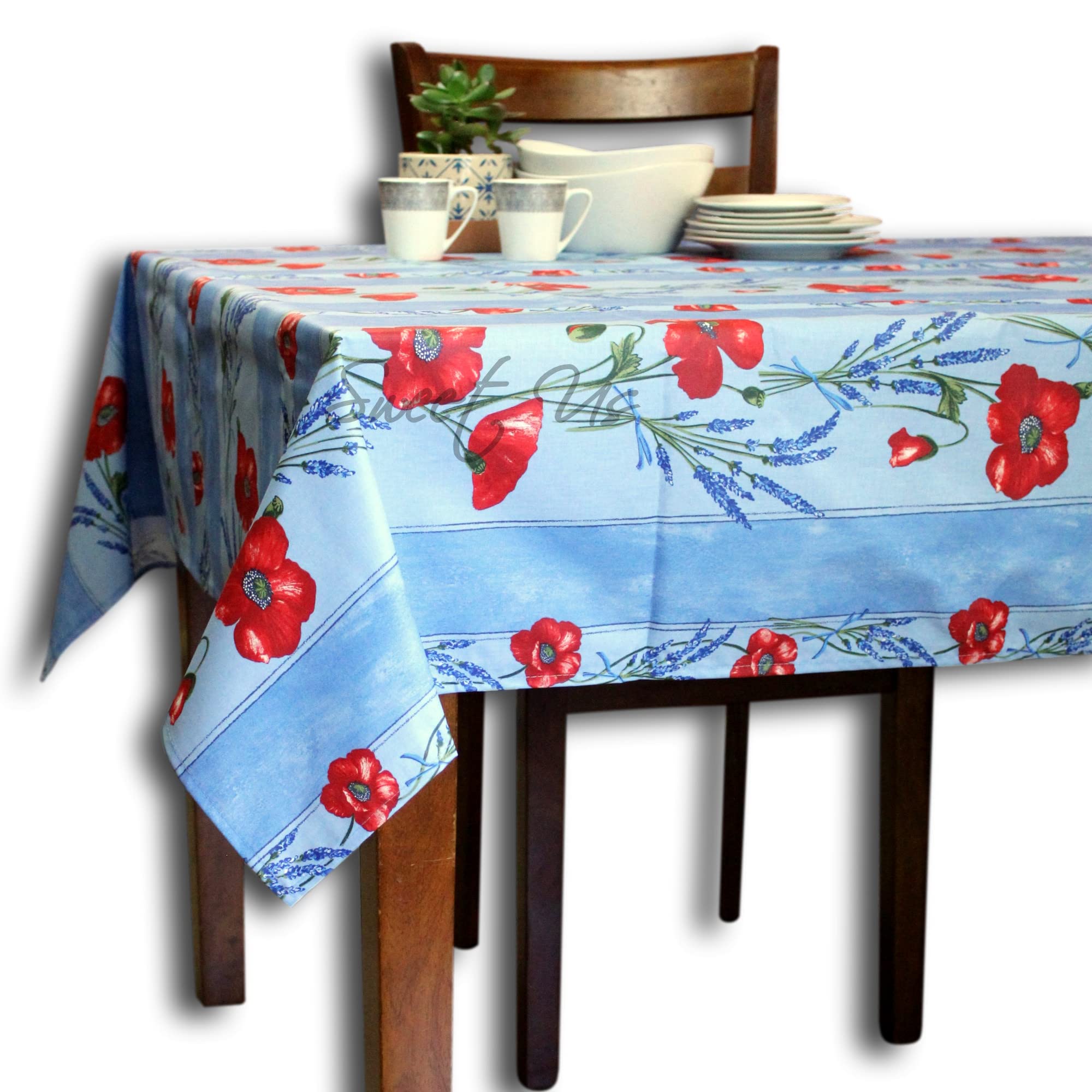 La Cigale Poppy Éclat Spill-Resistant Wipeable Tablecloth - Acrylic Coated Floral Cotton French Provencal Design for Rectangle Tables (60x98 Inches, Blue) - Perfect for Dining Rooms, Kitchens, Outdoor Patios & French Country Decor