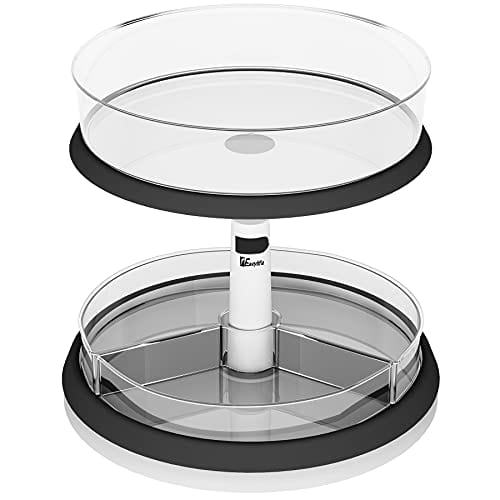 2 Tier Lazy Susan Turntable Organizer - Adjustable Height Spice Rack with 1 Large Bin & 3 Divided Bins - Removable Clear Cabinet Organizer for Kitchen, Pantry, Spices & Condiments - Perfect for Small Spaces & Corner Storage