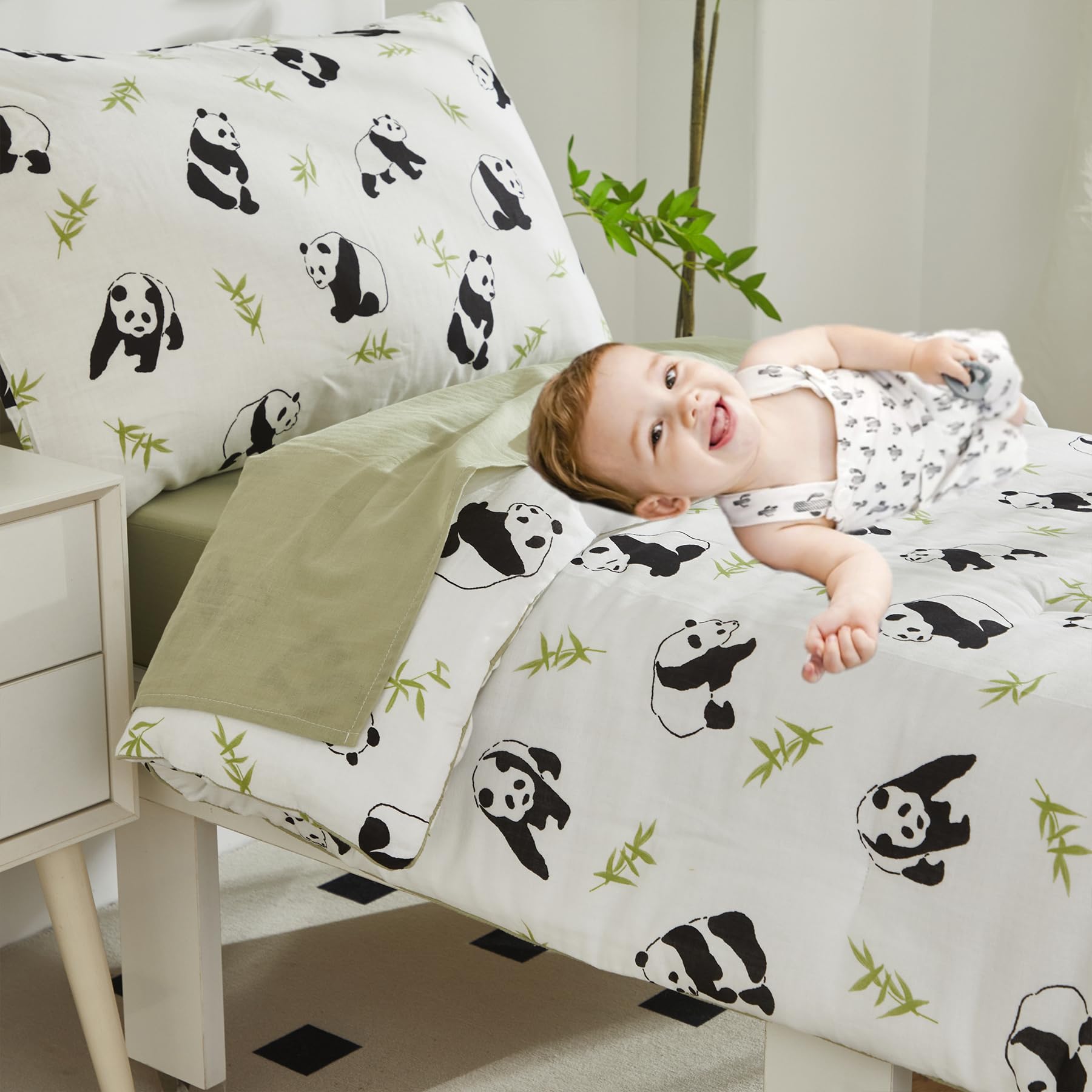 Brandream Panda Print Toddler Bedding Set - 4Pcs Neutral Nursery Bedding for Boys & Girls (Comforter, Flat Sheet, Fitted Sheet & Pillowcase) - Soft White & Green Crib Set for Cozy Sleep & Playtime