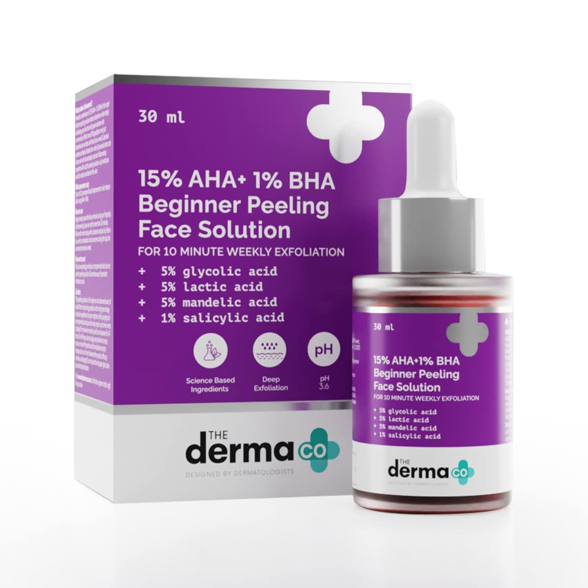 The Derma Co 15% AHA + 1% BHA Exfoliating Face Peel Solution - Gentle Weekly Chemical Exfoliator for Beginners, Brightens Skin & Removes Impurities - 30ml | Perfect for Acne-Prone & Dull Skin Treatment