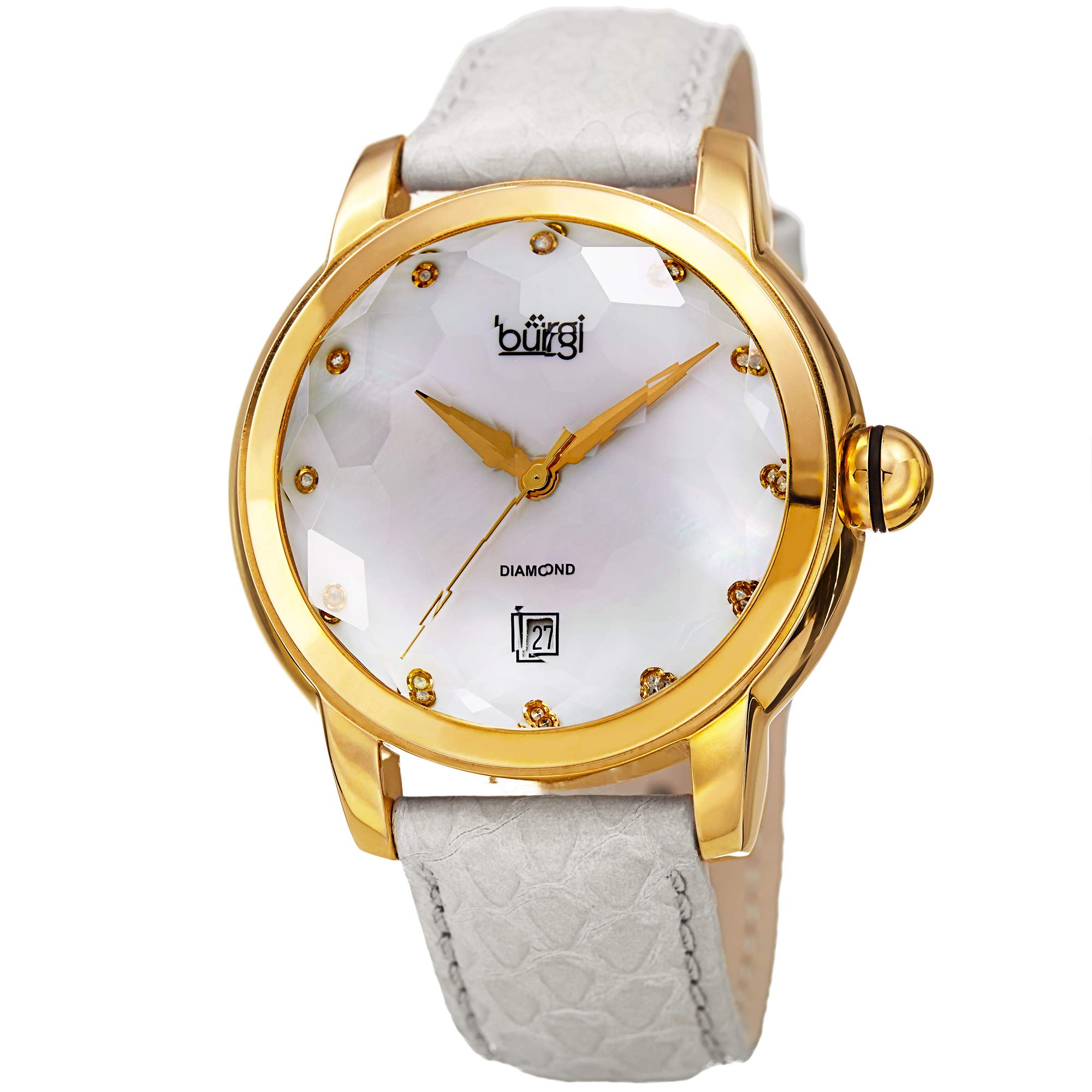 Burgi Women's Swiss Quartz Diamond Watch - Mother of Pearl Dial with 12 Genuine Diamonds, Snake Skin Leather Strap - BUR014 - Perfect for Office, Party & Formal Occasions