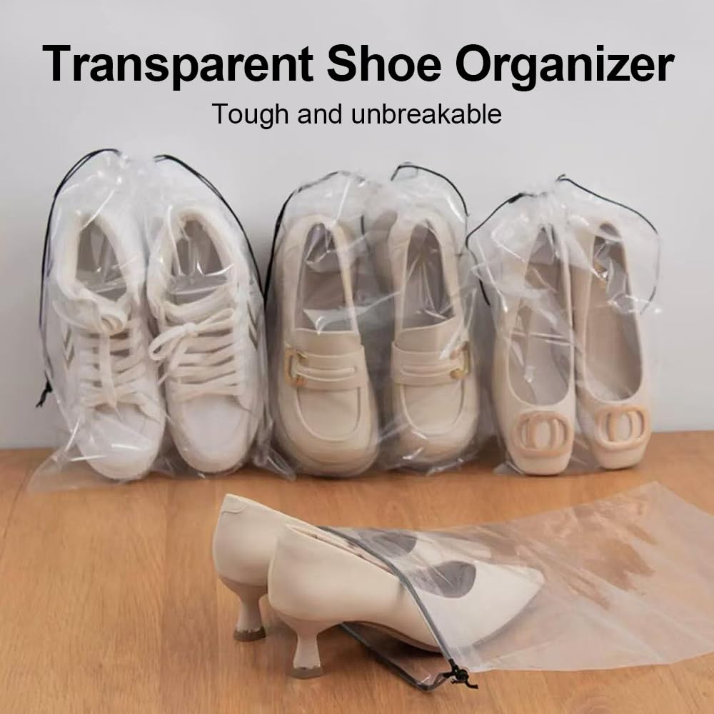 100 Pcs Clear Plastic Drawstring Shoe Bags for Travel & Storage - 16