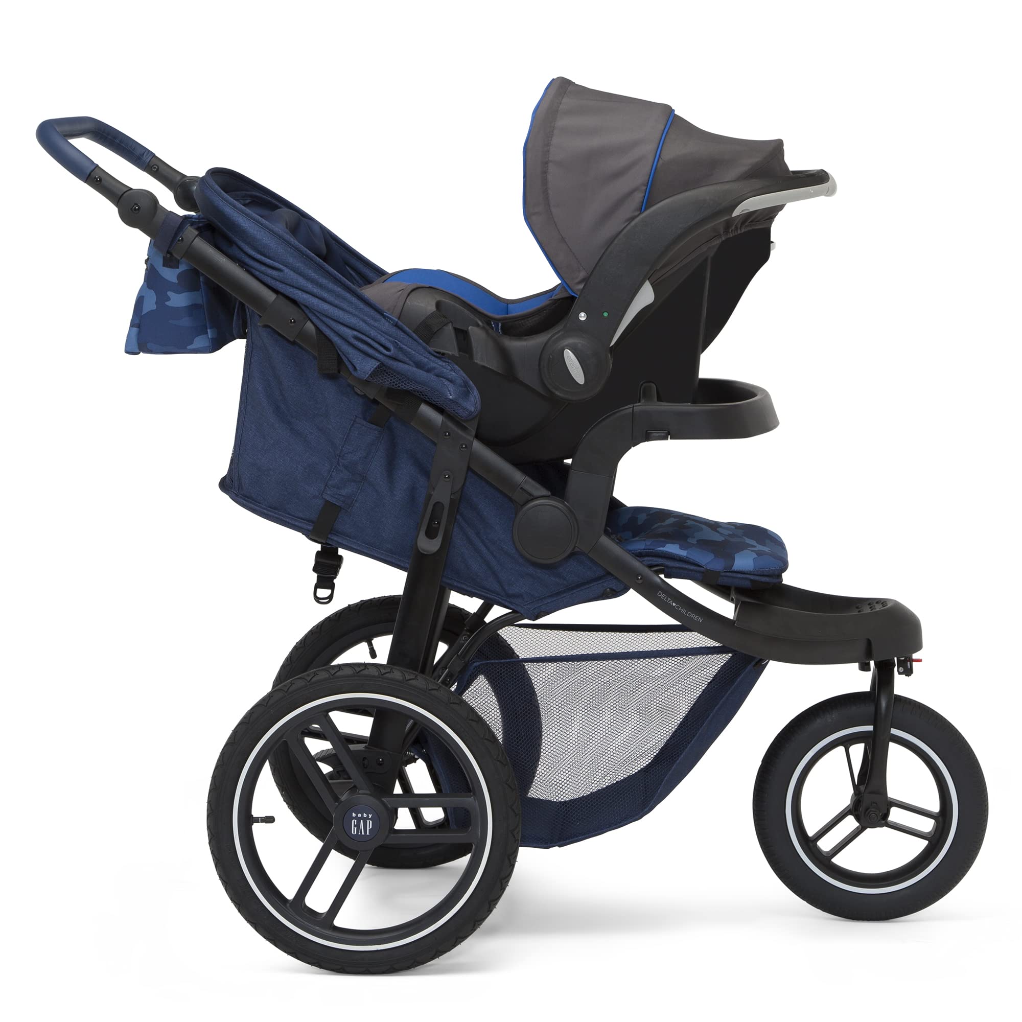 BabyGap Trek Lightweight Jogging Stroller - Adjustable Canopy & Reclining Seat with Car Seat Adapter | Eco-Friendly Navy Camo Design | Perfect for Running, Walking & Outdoor Adventures with Baby