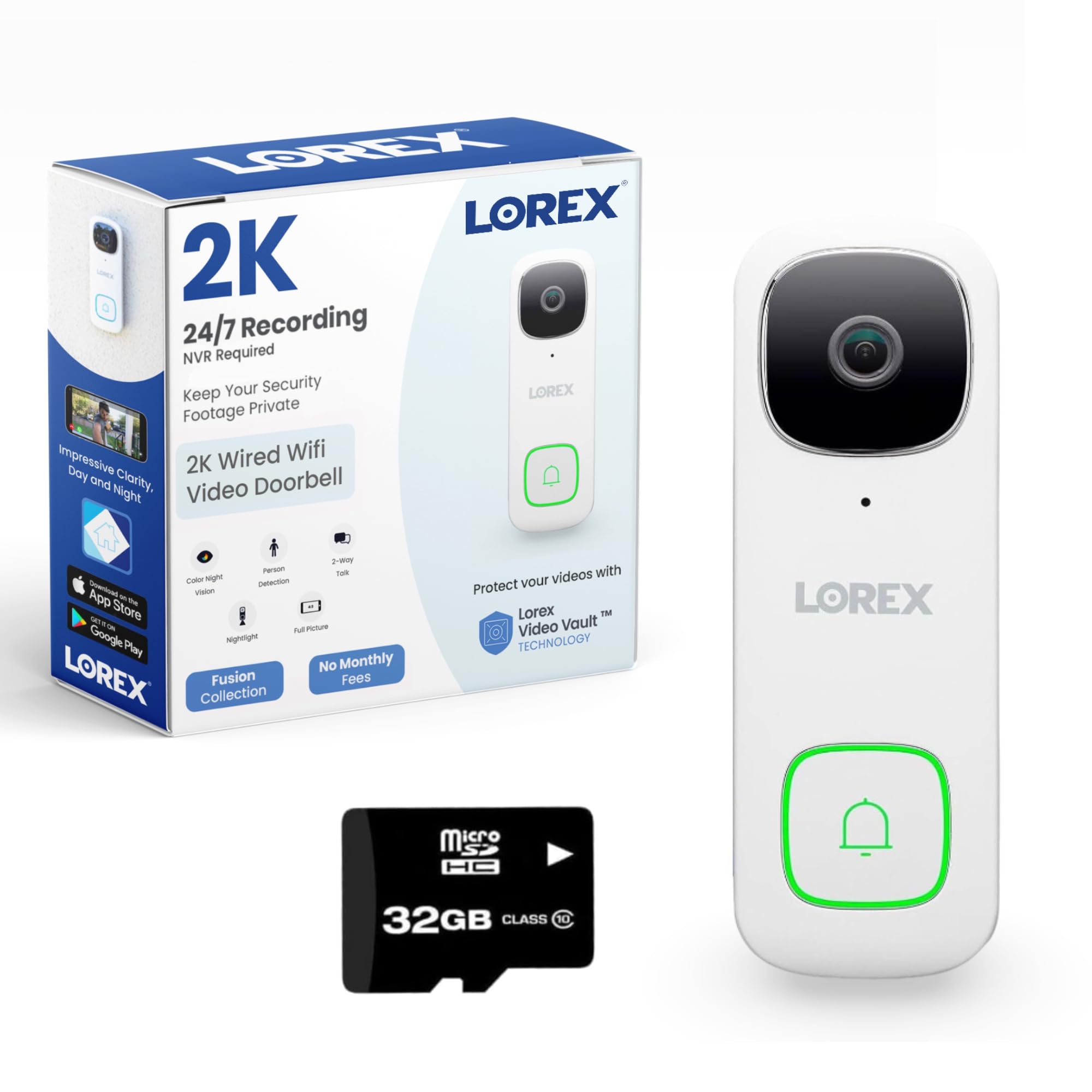 Lorex 2K HD Smart Video Doorbell Camera with WiFi - No Monthly Fees, Smart Security Lighting, Night Vision, Motion Detection, Wired Installation (White) - Perfect for Home Security & Front Door Monitoring
