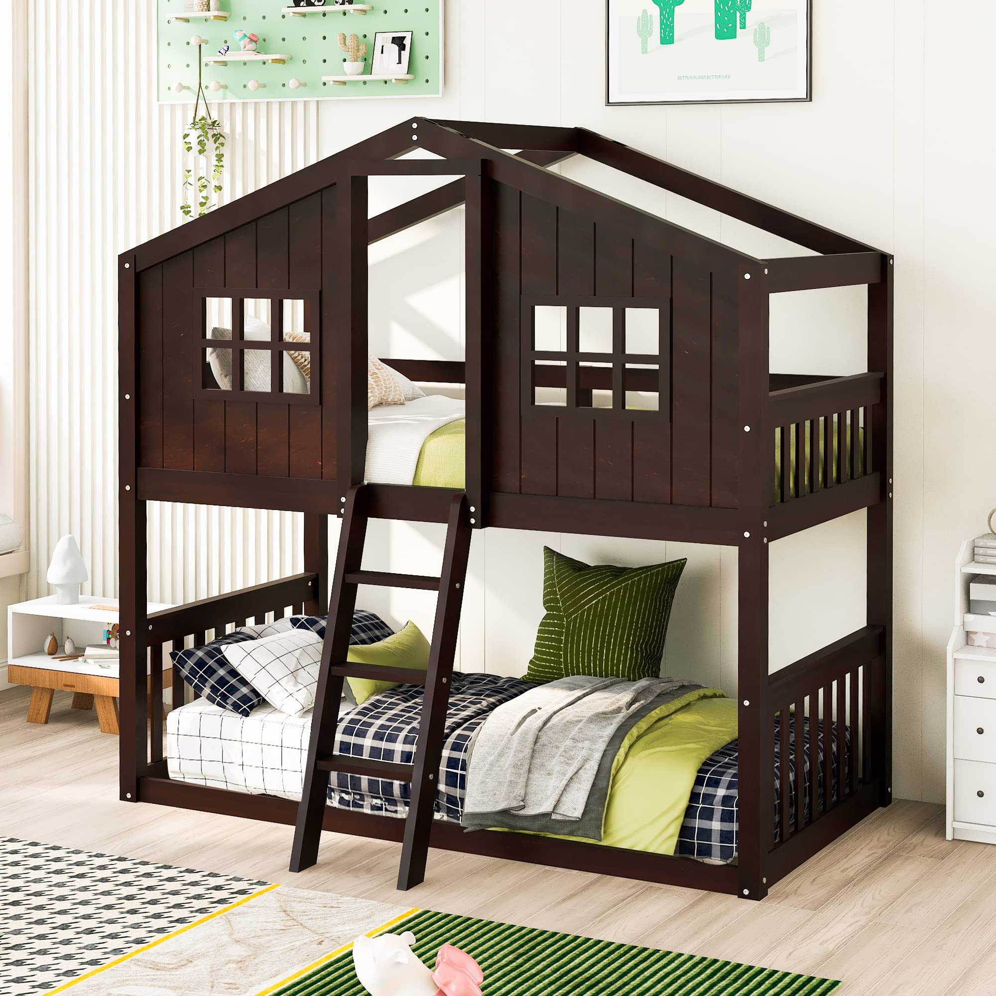 MERITLINE Twin Over Twin Wooden Bunk Bed with Roof - Low Profile Kids Bunk Bed Frame for Boys, Girls & Teens - Espresso Finish - Perfect for Small Bedrooms, Shared Kids Rooms & Sleepovers