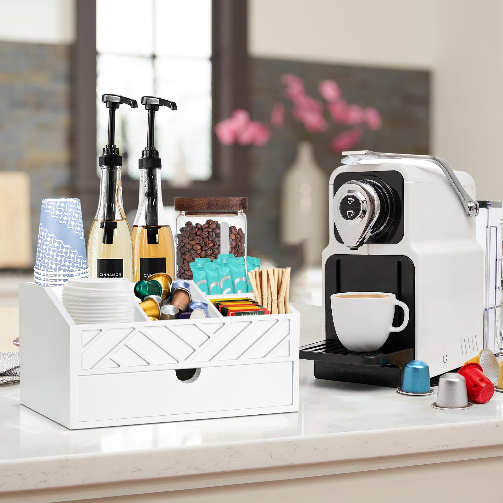 Wooden Coffee Bar Organizer with Drawer - Countertop Coffee Station Organizer for K-Cups, Spoons & Condiments - Farmhouse Style Coffee Accessories Holder for Home, Office & Kitchen Decor (White) - Perfect for Organizing Coffee Pods, Creamers & Sweeteners in Your Coffee Corner