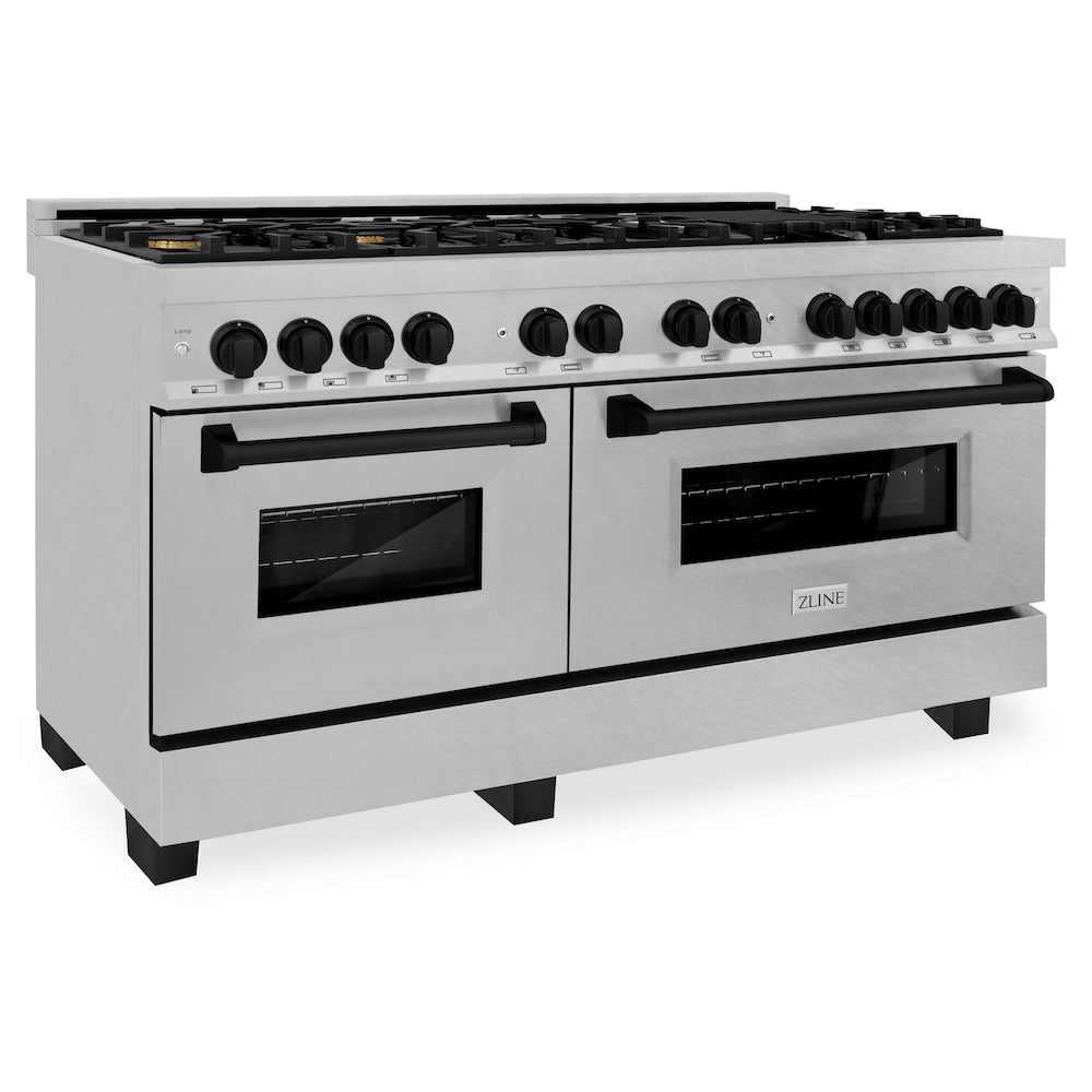 ZLINE Autograph Edition 60-inch 7.4 cu. ft. Dual Fuel Range with 9 Burner Gas Cooktop & 2 Electric Convection Ovens - Satin Stainless Steel & Matte Black (RASZ SN 60 MB) | Professional Kitchen Appliance for Home Chefs & Cooking Enthusiasts