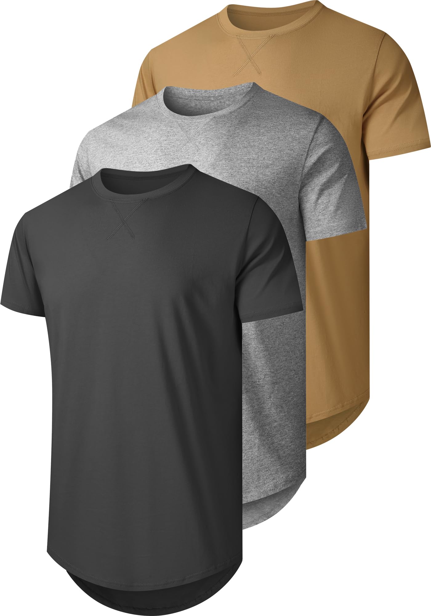3 Pack Men's 100% Cotton Longline T-Shirts - Crewneck Basic Casual Tee Shirt with Long Drop Cut for Everyday Wear, Street Style & Layering