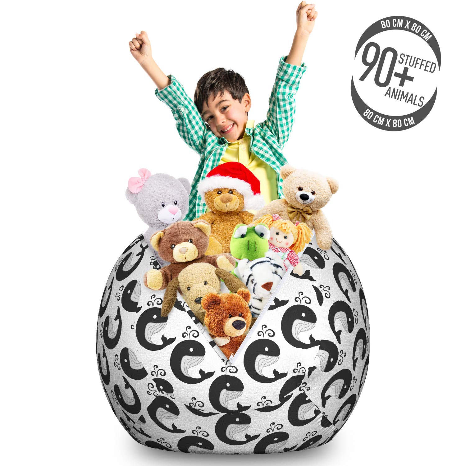 Ambesonne Whales Storage Toy Bag Chair - Large Washable Stuffed Animal Organizer with Symmetric Underwater Animal Print - Perfect for Kids' Room, Nursery, and Playroom Organization (White & Dark Grey)
