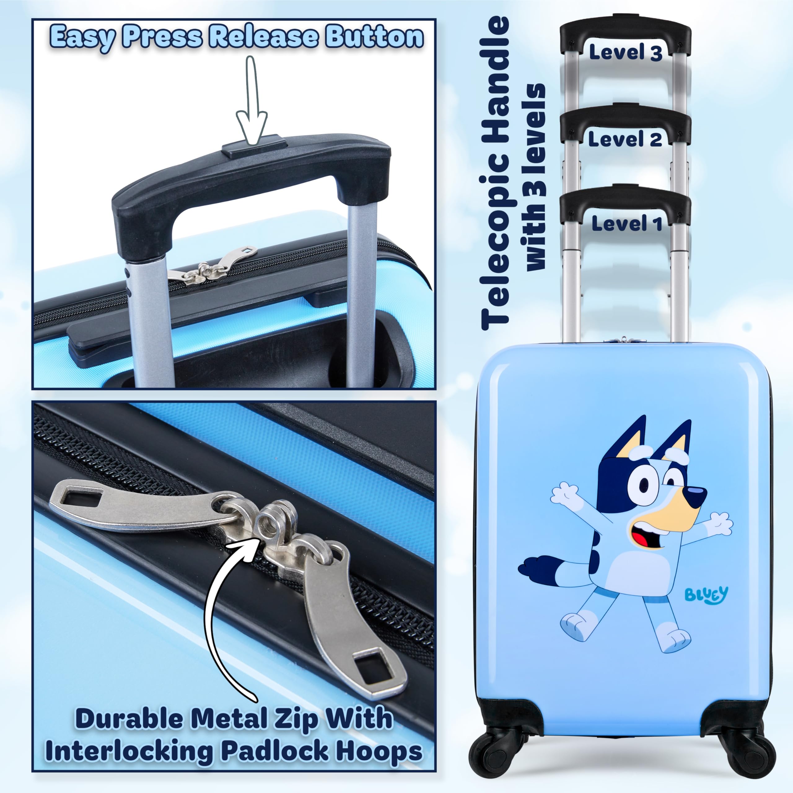 Bluey Kids Luggage with Wheels | Lightweight Carry-On Suitcase for Children | Perfect for Air Travel, Road Trips & Sleepovers | Durable Spinner Travel Bag for Boys & Girls