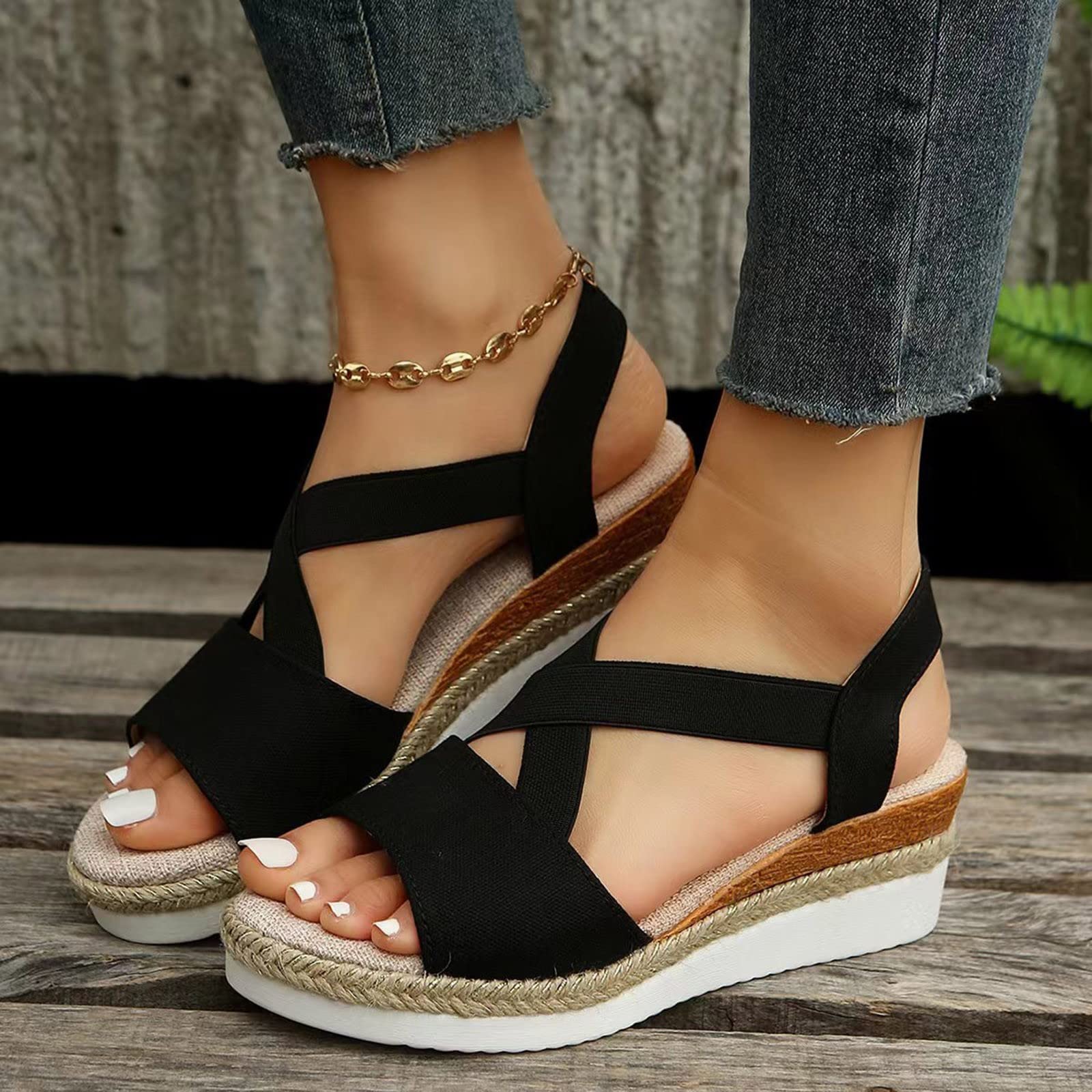 EMRELOD Women's Comfortable Orthopedic Wedge Sandals with Ankle Strap - Platform Espadrille Summer Shoes for Beach, Walking & Casual Outfits (Low Heel, Strappy Design, Bronze, Size 9) | Perfect for Vacations, Date Nights & Summer Fashion