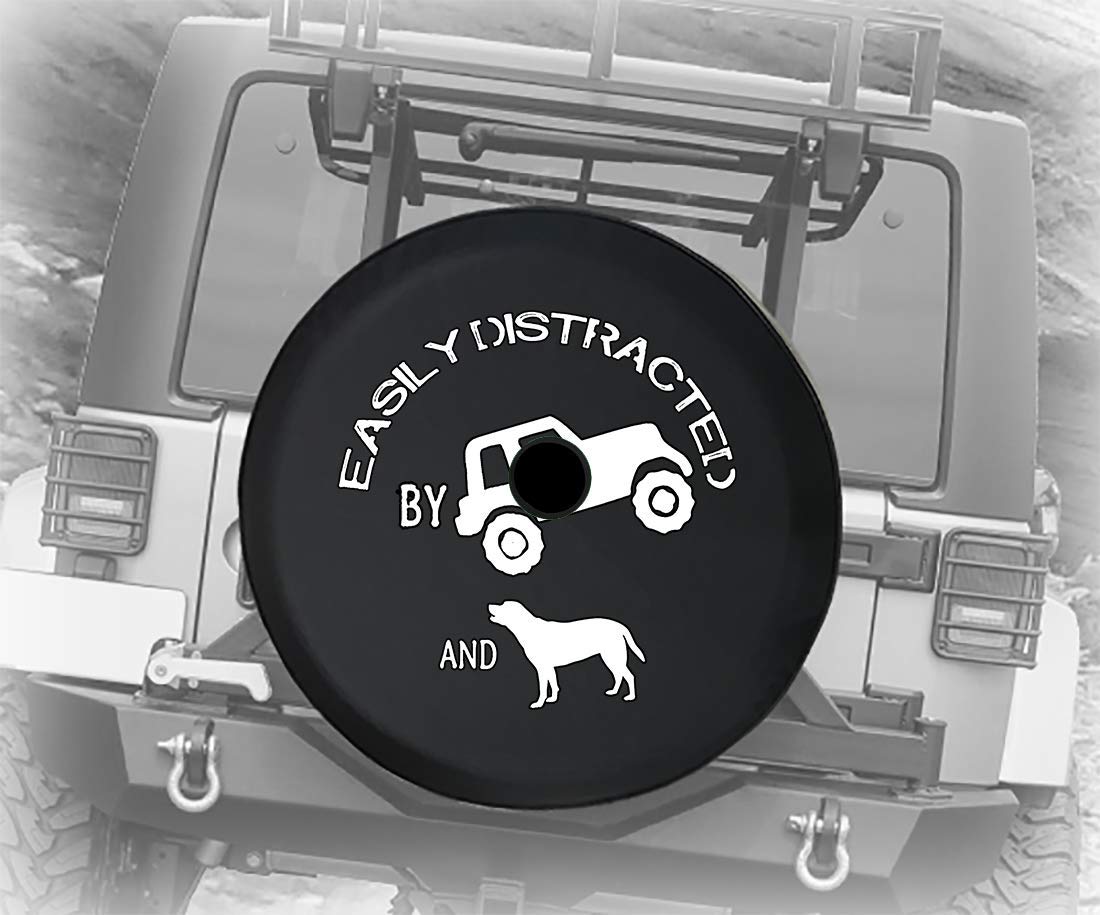 JL Spare Tire Cover with Backup Camera Hole - Black 33 Inch SUV Accessory for Jeep Wrangler JL - Distracted Driver & Dog Paw Print Design - Perfect for Off-Road Adventures & Daily Commutes