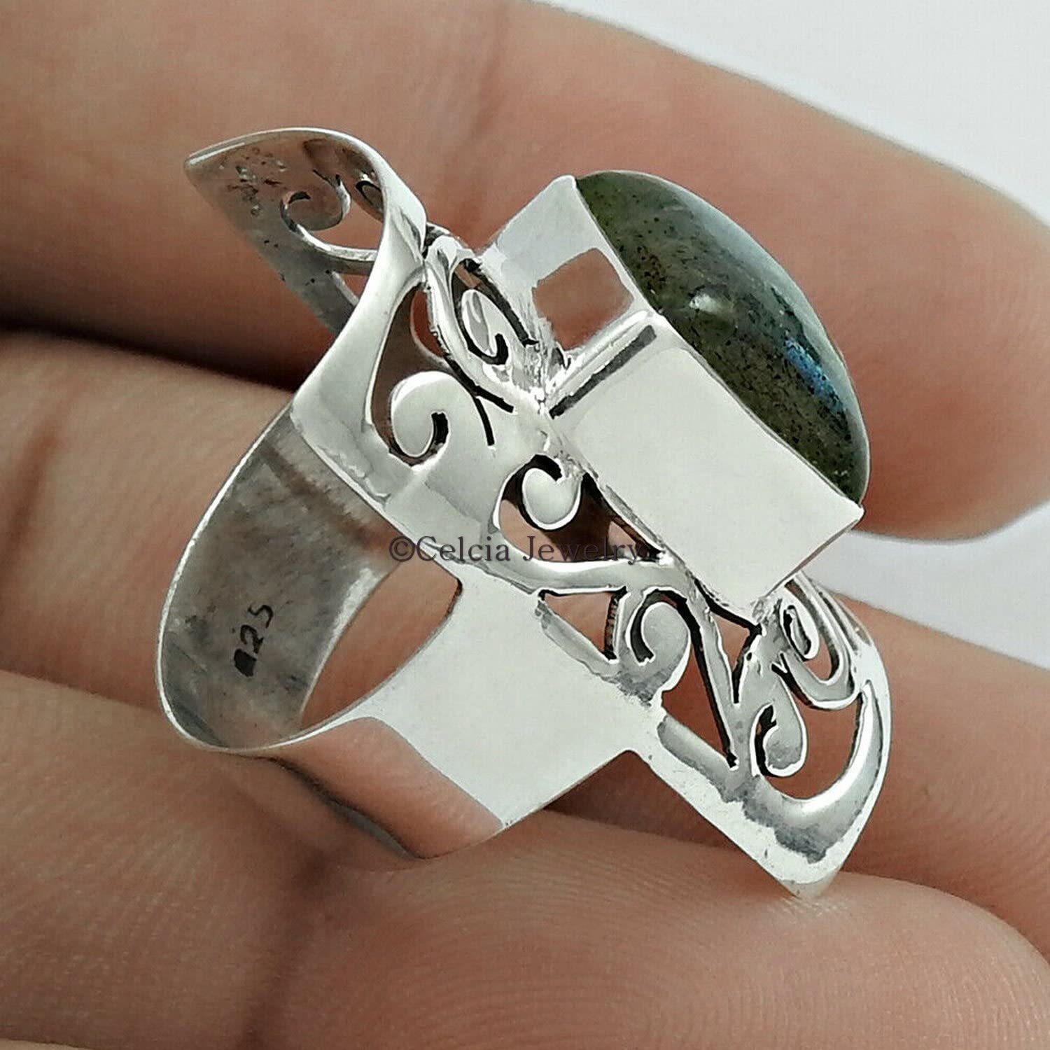 Natural Labradorite Gemstone Ring for Women – Elegant Square Statement Band, Unique Gift for Mom, Anniversary, or Promise – Anxiety Relief Jewelry – Perfect for Daily Wear, Special Occasions & Stress Relief (7, Labradorite)
