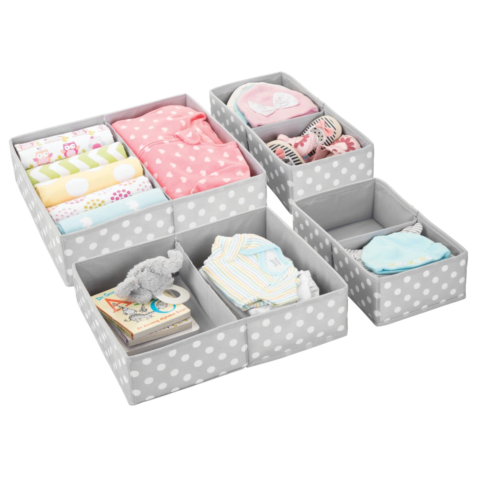 mDesign Fabric Drawer Storage Divider Organizer Bins - 2 Pack Gray/White Polka Dot for Nursery, Kids Bedroom, Dresser & Closet Organization | Perfect for Storing Clothes, Toys, Diapers & Playroom Essentials