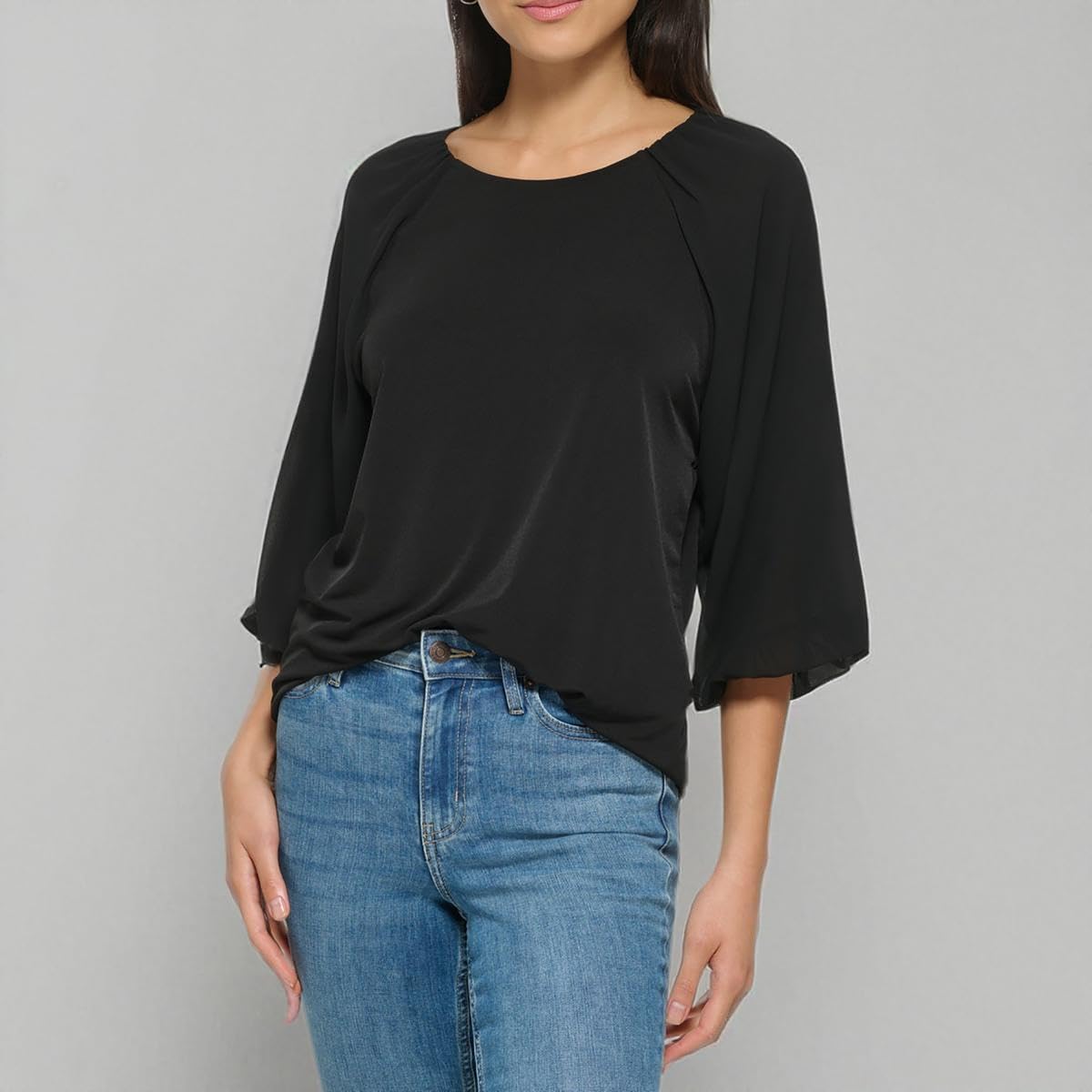 Calvin Klein Women's Loose Fitted Matte Jersey Mixed Media Lantern Sleeve Blouse | Casual Office Wear & Evening Outfits | Comfortable Stylish Top for Work & Social Events