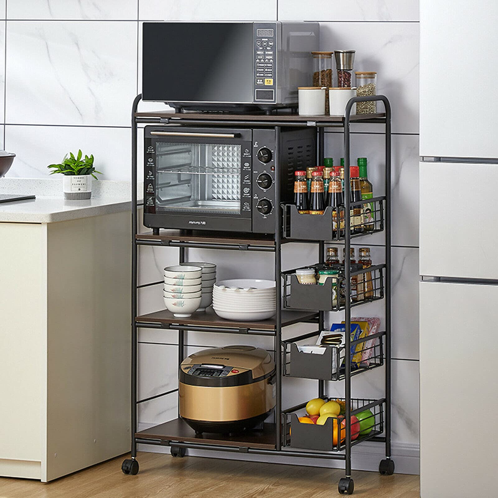 4-Tier Rolling Kitchen Storage Shelf with 4 Push-Pull Drawers & Wheels - Metal Utility Cart for Fruits, Vegetables & Home Organization - Perfect for Pantry, Supermarket & Restaurant Storage