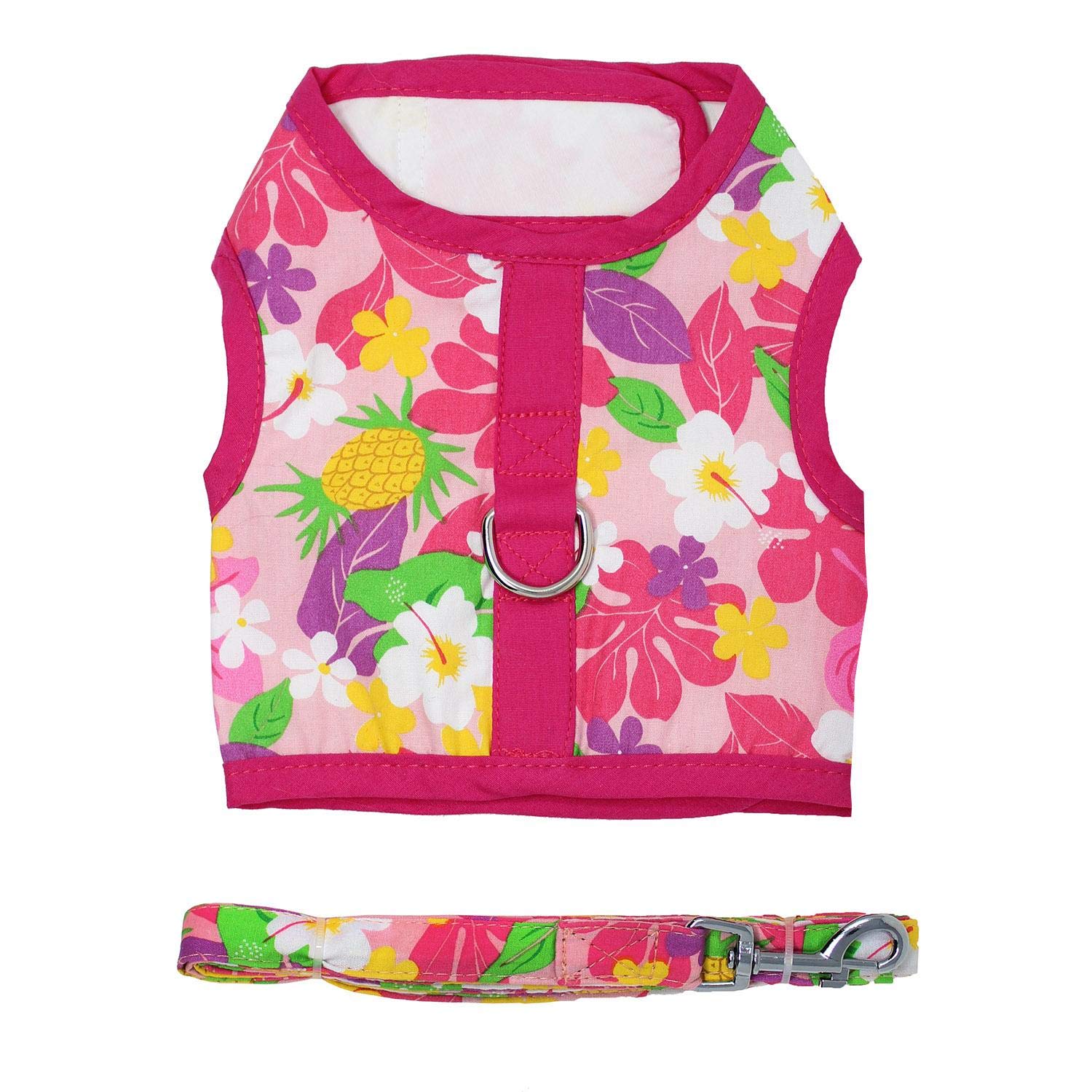 DOGGIE DESIGN Pink Hawaiian Floral Fabric Dog Harness with Leash - X-Small | Comfortable & Adjustable Pet Vest for Small Dogs | Perfect for Walking, Training & Outdoor Adventures