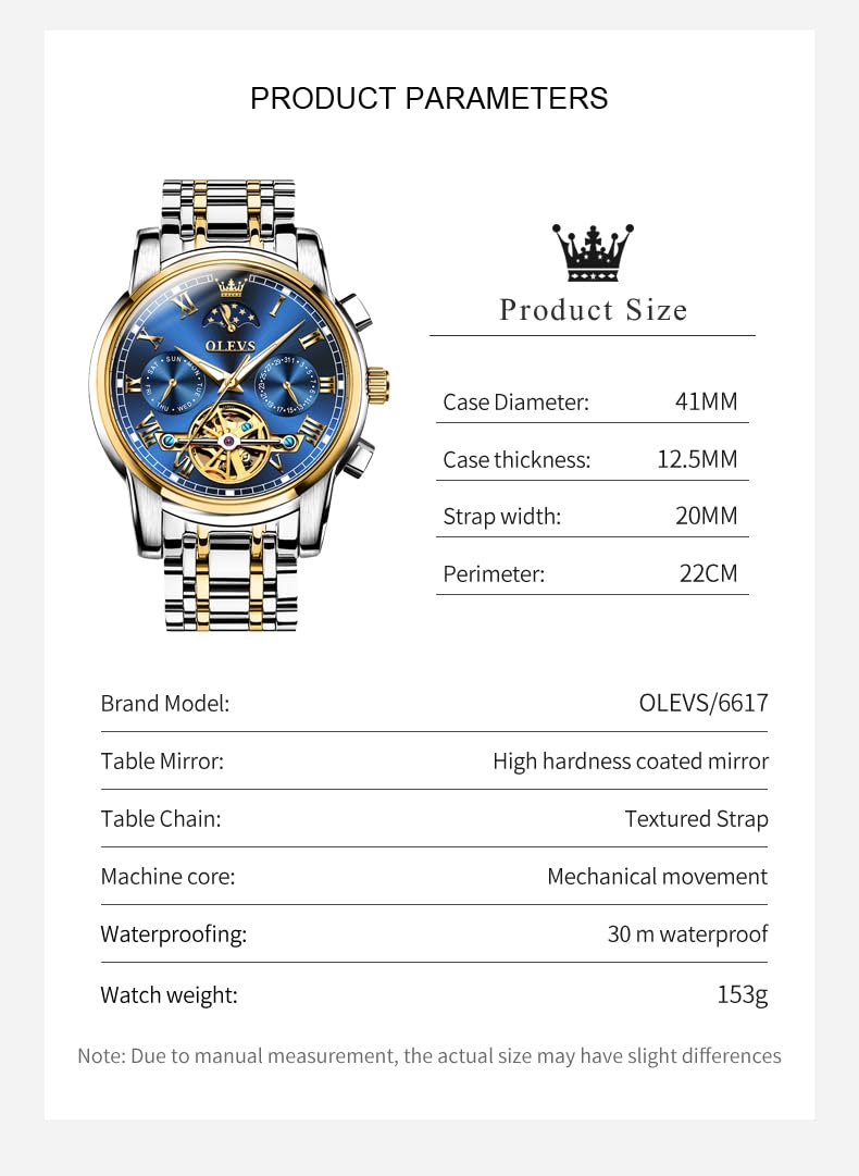 OLEVS Automatic Self-Winding Men's Watch with Date & Day Display - Stainless Steel Skeleton Tourbillon Watch - Waterproof Mechanical Watch for Men | Perfect for Business, Formal Events & Daily Wear