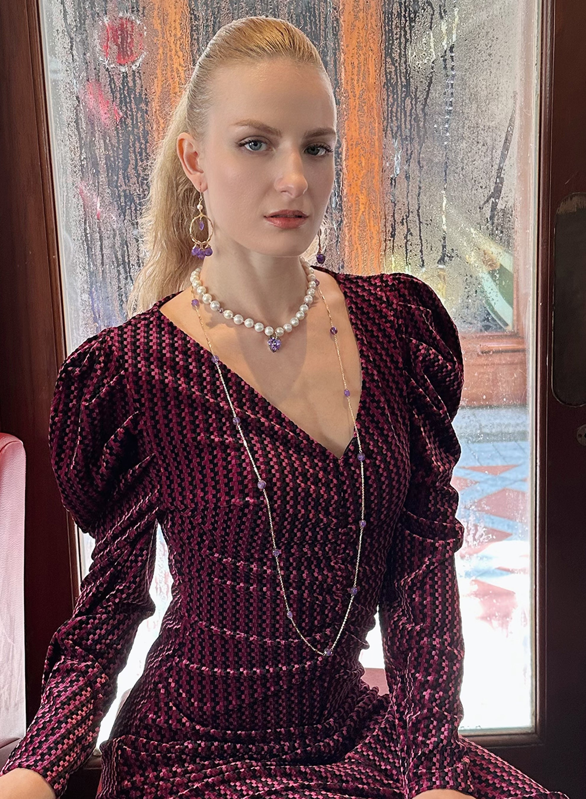 Amethyst Gemstone Long Chain Necklace KN041 - Elegant Purple Crystal Jewelry for Women, Perfect for Daily Wear, Parties & Gifts