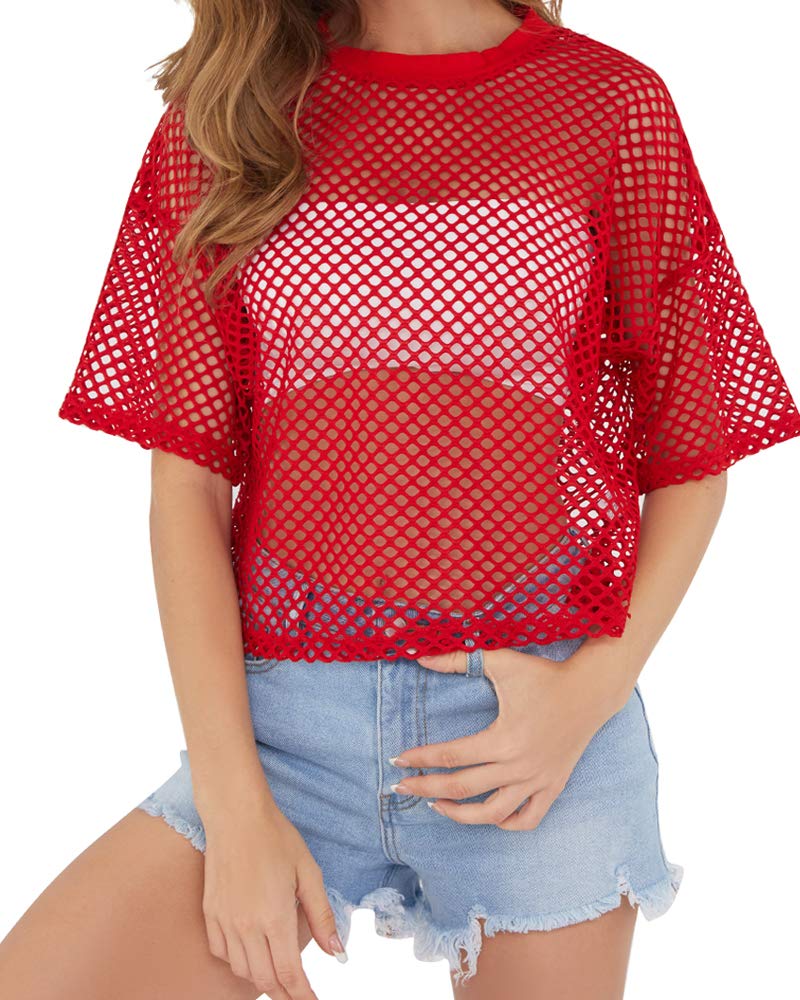 CLOZOZ Women's See-Through Mesh Fishnet Crop Top T-Shirt - Sexy Summer Beach Cover Up, Festival Outfit & Layering Staple