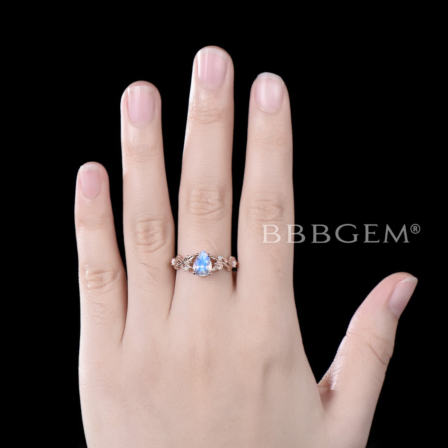 Nature Inspired Pear Moonstone Ring with Branch Leaf Design - Elegant Opal Engagement Ring for Women | Perfect for Weddings, Anniversaries & Special Occasions