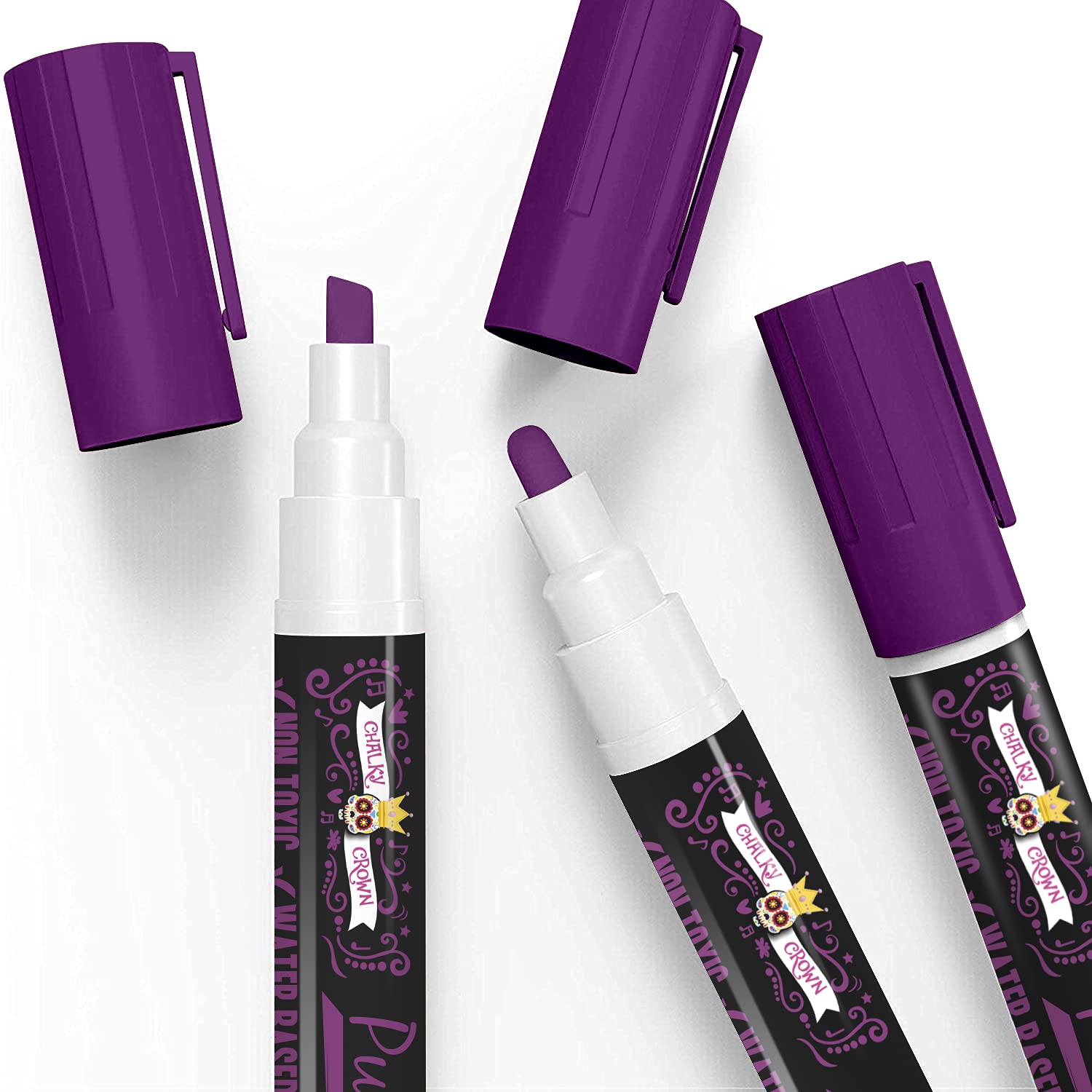 CHALKY CROWN Liquid Chalk Markers - 6mm Reversible Tip Dry Erase Markers for Chalkboard, Blackboard, Windows, Glass & Mirror Writing - Non-Toxic Washable Markers (5 Pack, Purple) - Perfect for Restaurants, Cafes, Retail Signs & DIY Home Decor